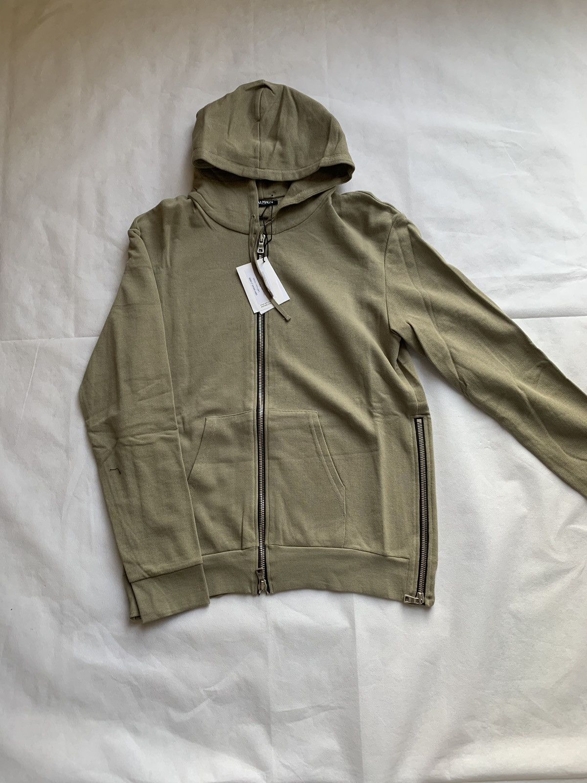 image of Balmain Lightweight Zip Up Hoodie In Khaki, Men's (Size 2XL)