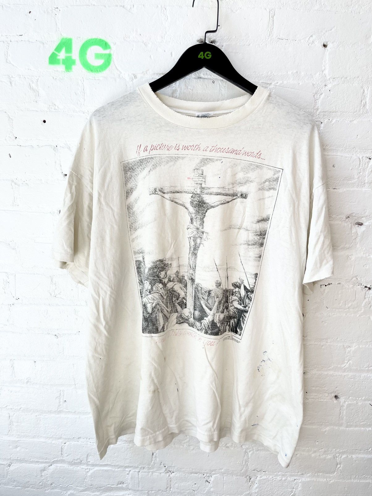 image of Vintage Thrashed Lord God Jesus Cross Shirt in White, Men's (Size 2XL)