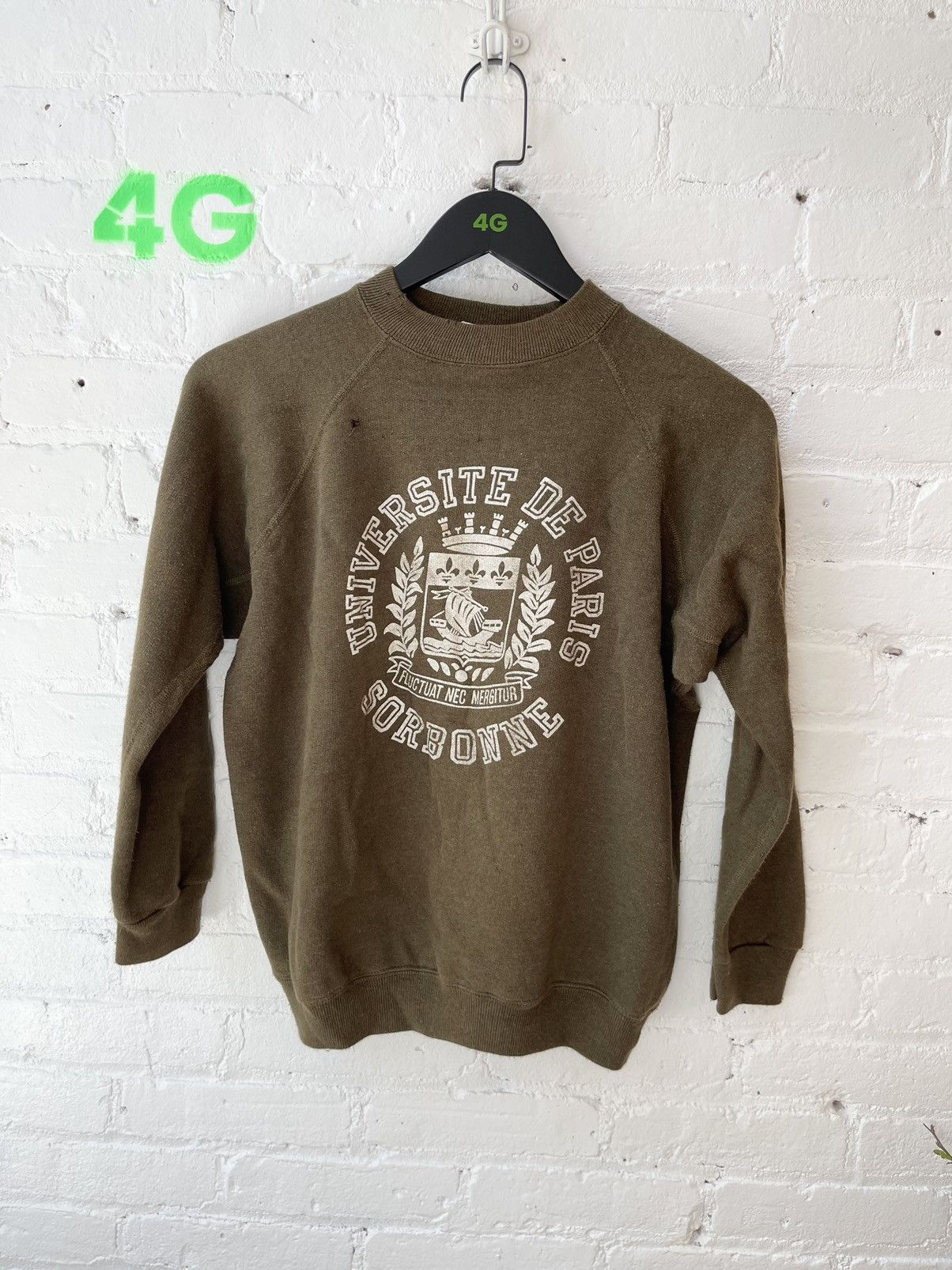 image of Vintage 80's Paris University Thrashed College Sweater in Brown Olive, Men's (Size Small)