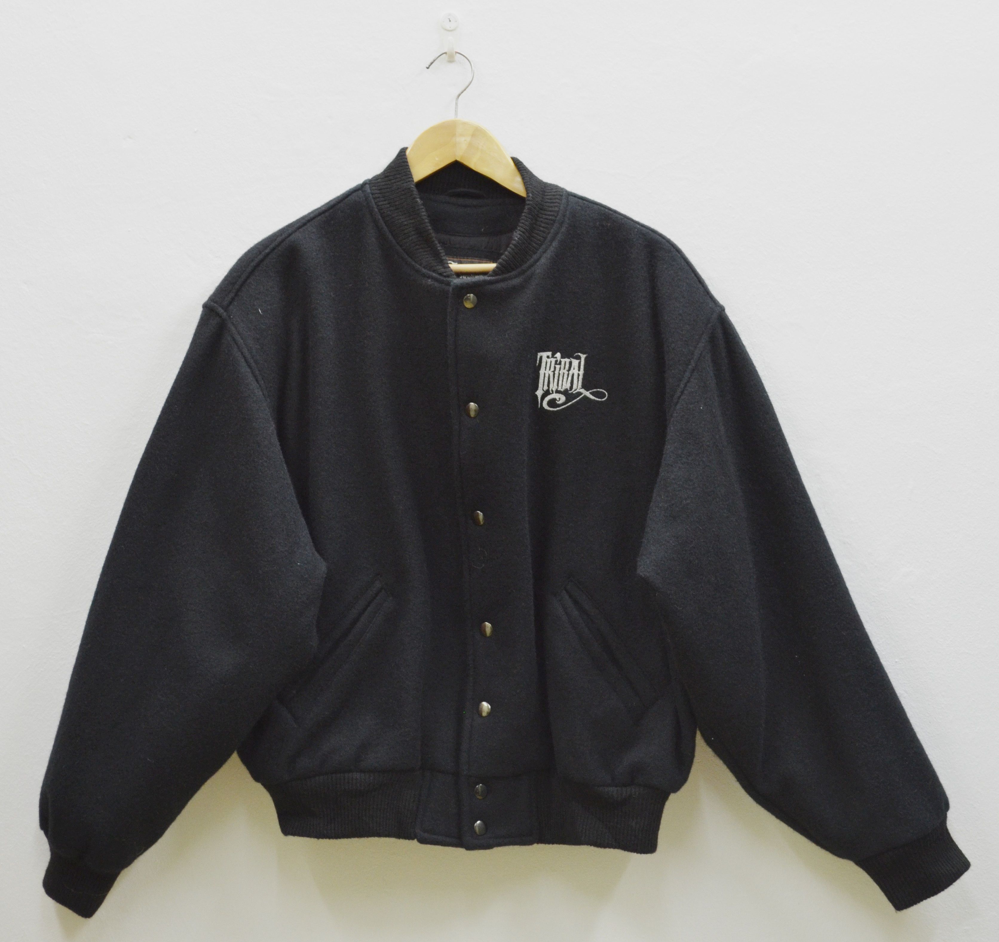 image of 90's Tribal Street Wear Black Wool Snap Button Heavy Jacket, Men's (Size Medium)