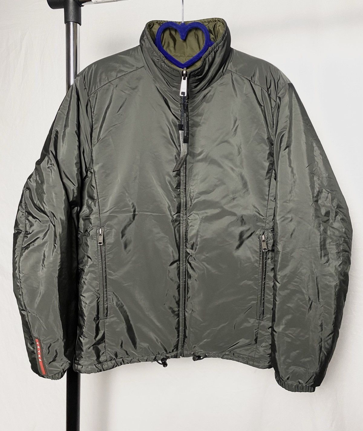 image of Prada Reversible Nylon Bomber Jacket in Olive/Grey, Men's (Size Small)