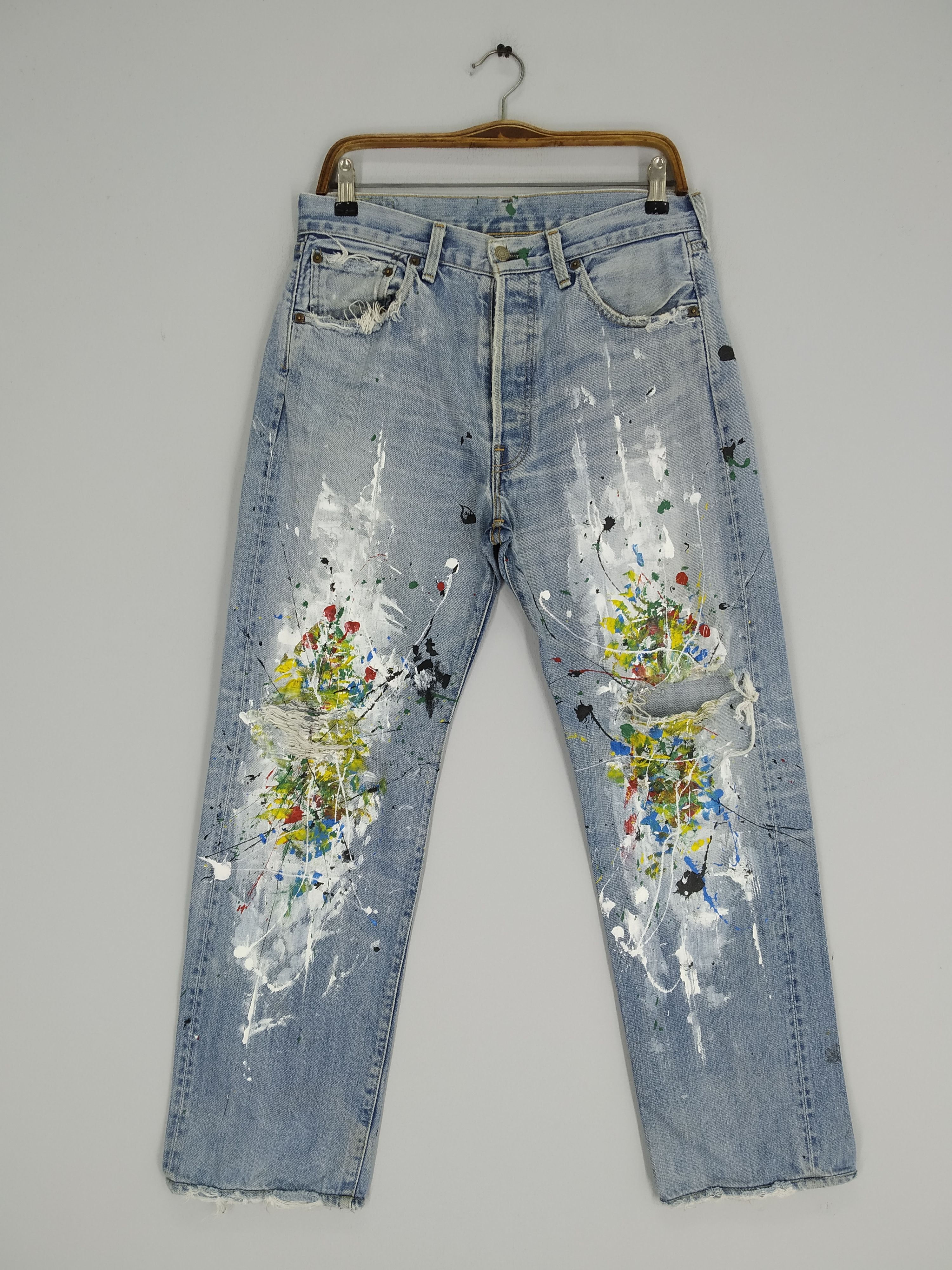 Vintage Levi's 501 Big E Ripped Denim Jeans Paint Splatter