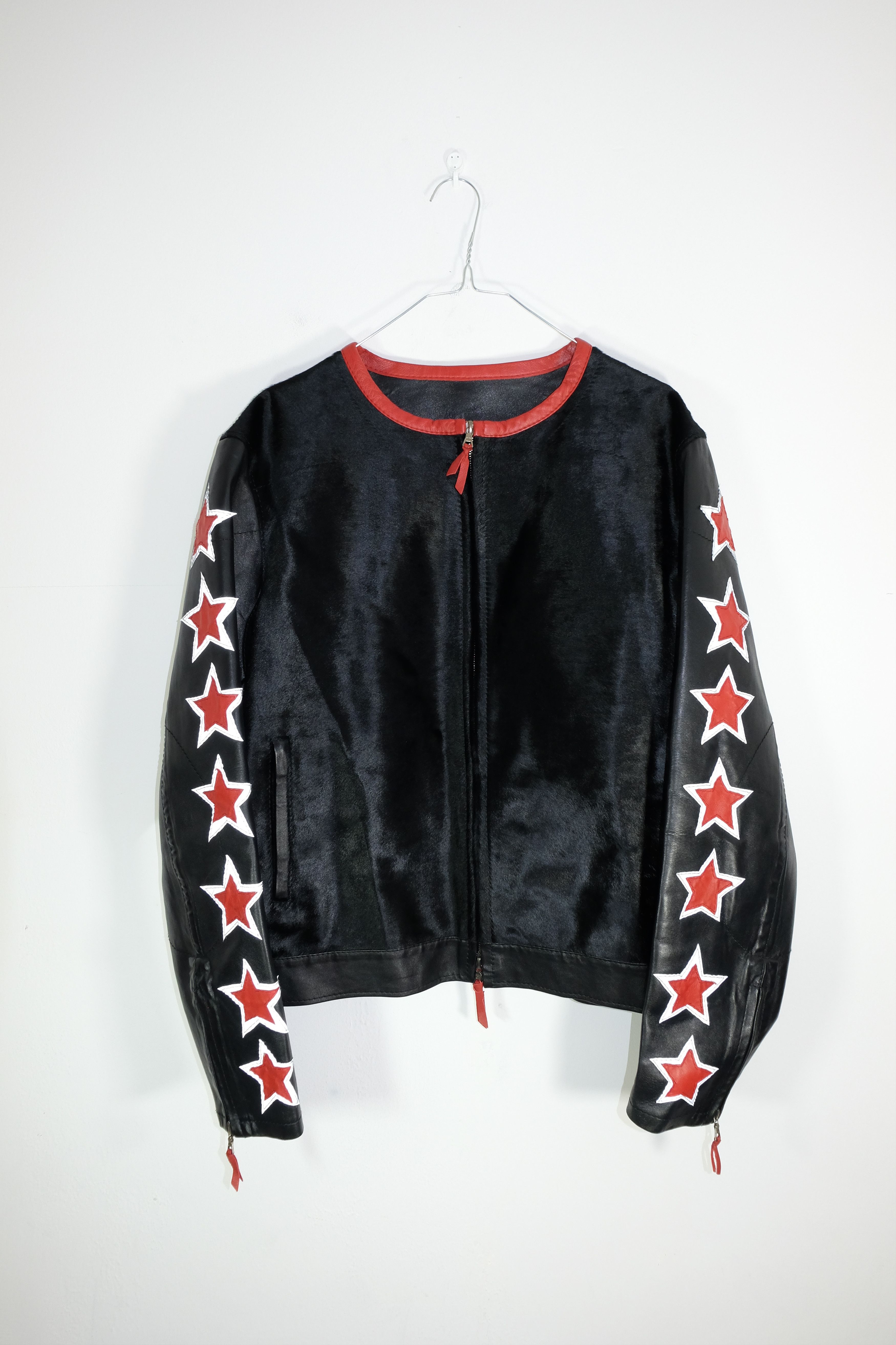 Designer Calf Hair Leather Jacket Riri Zips Luxury Black Red Stars Size US L / EU 52-54 / 3 - 1 Thumbnail