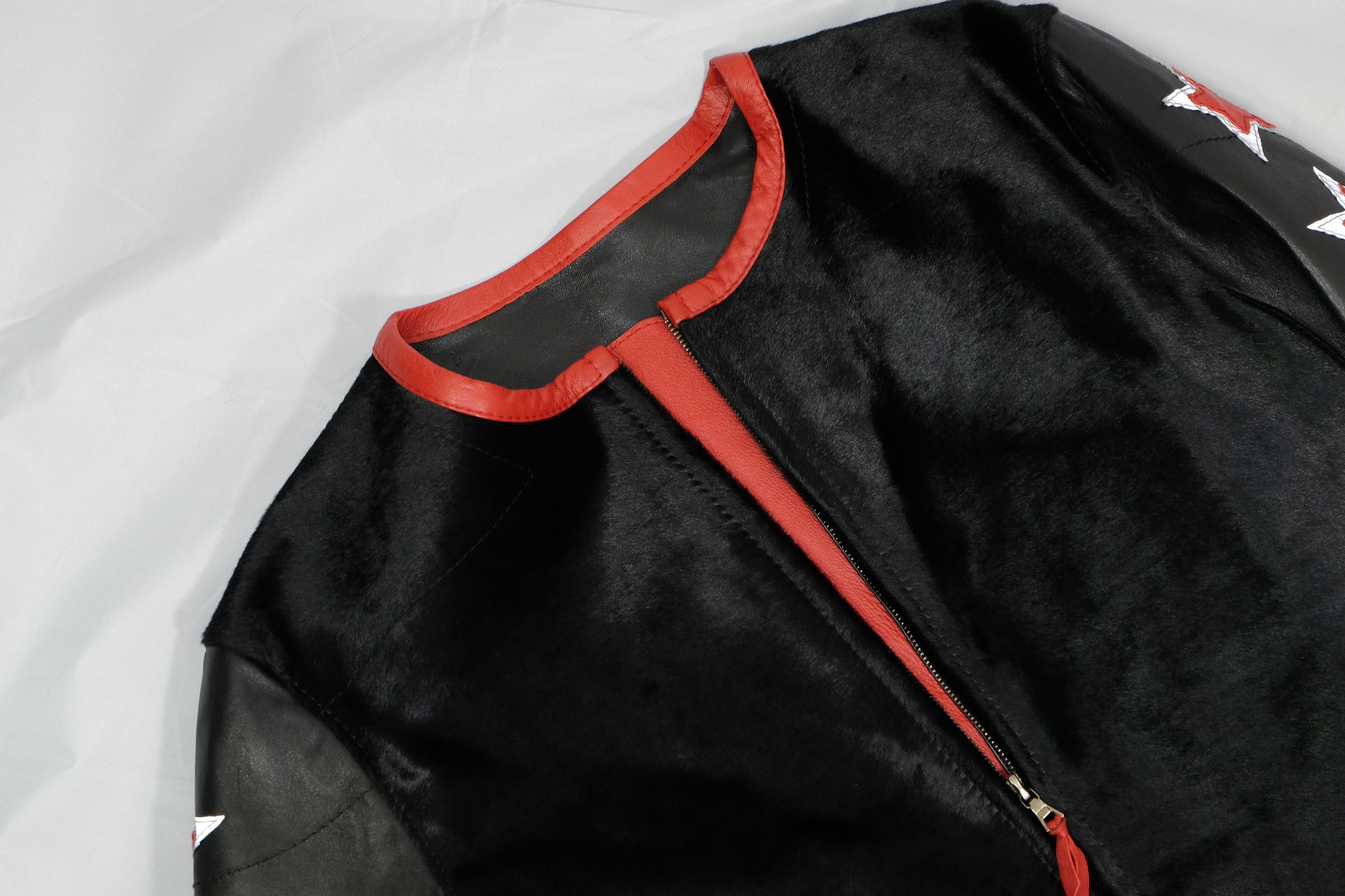 Designer Calf Hair Leather Jacket Riri Zips Luxury Black Red Stars Size US L / EU 52-54 / 3 - 3 Thumbnail