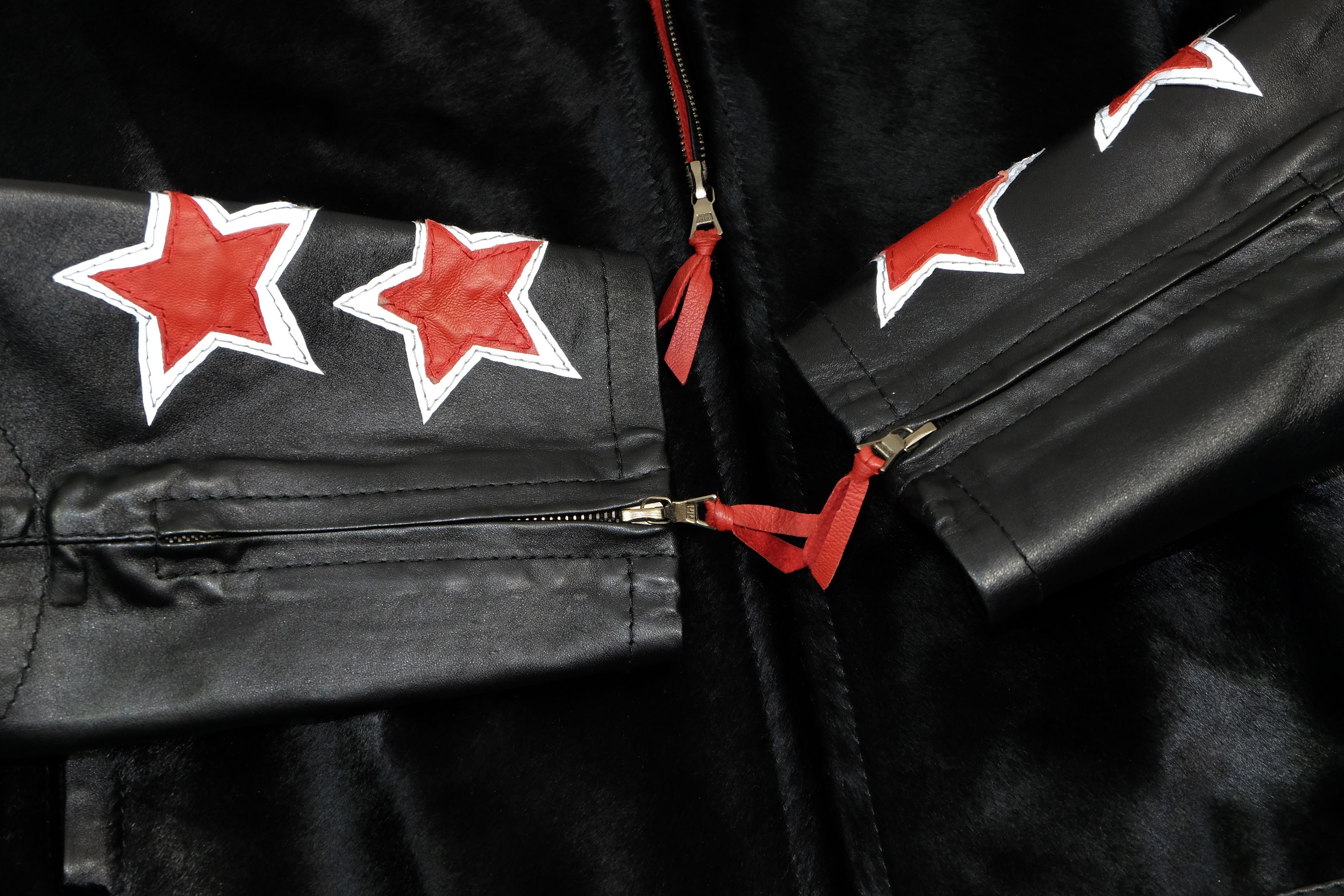 Designer Calf Hair Leather Jacket Riri Zips Luxury Black Red Stars Size US L / EU 52-54 / 3 - 5 Thumbnail
