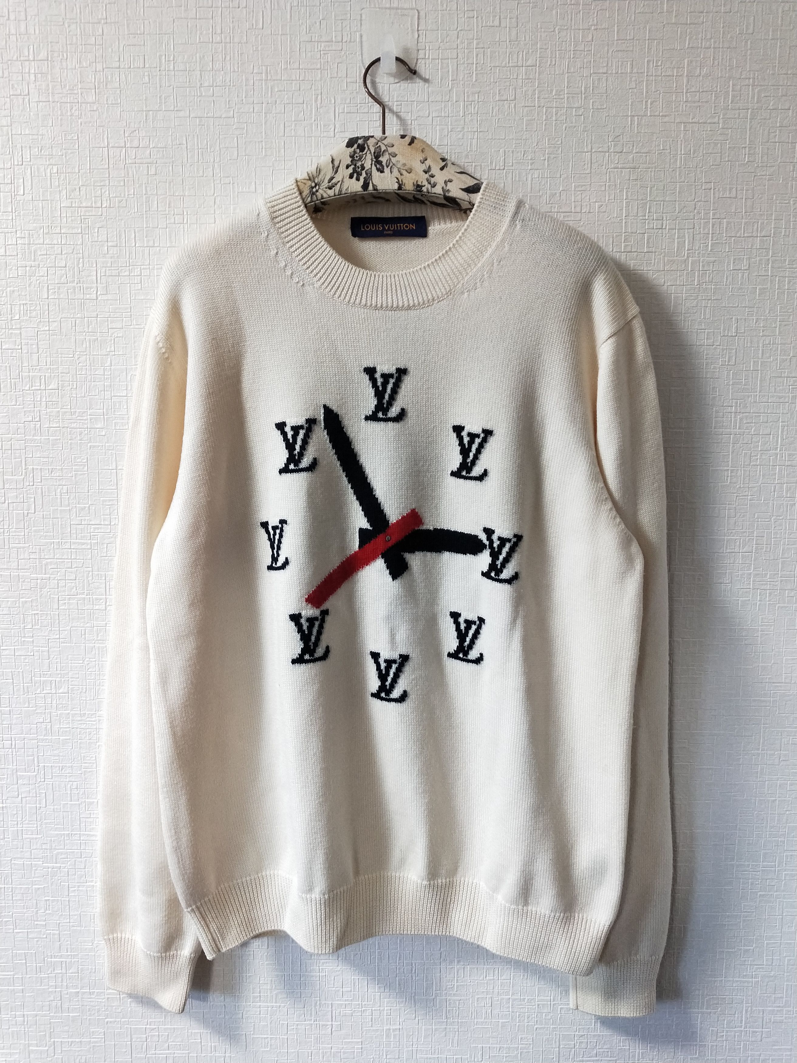 image of Louis Vuitton Intarsia Clock Logo Sweater in Off White, Men's (Size XL)