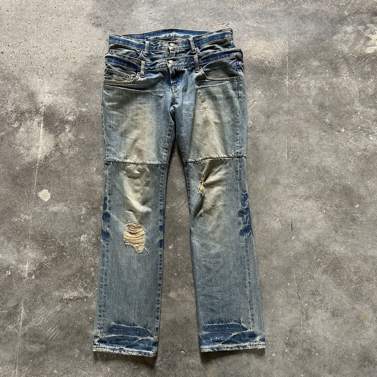 image of Ppfm Double Waist Distressed Denim in Blue Denim, Men's (Size 33)