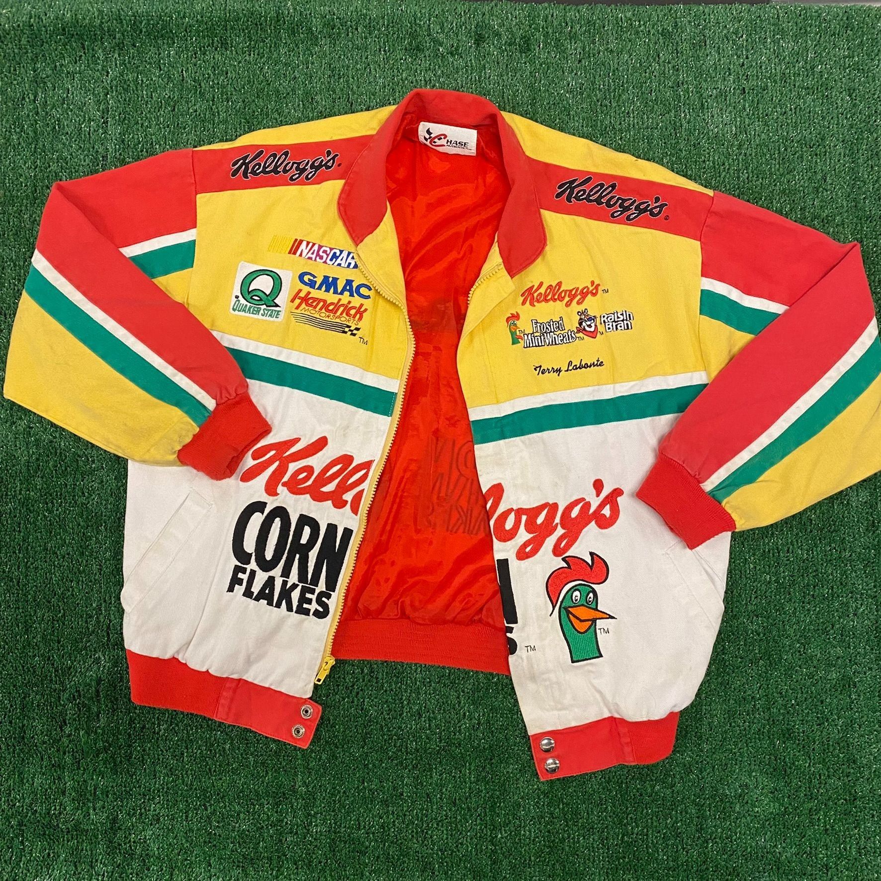 image of Chase Authentics x Nascar Crazy Vintage 90's Corn Flakes Nascar Racing Jacket in Yellow (Size Large