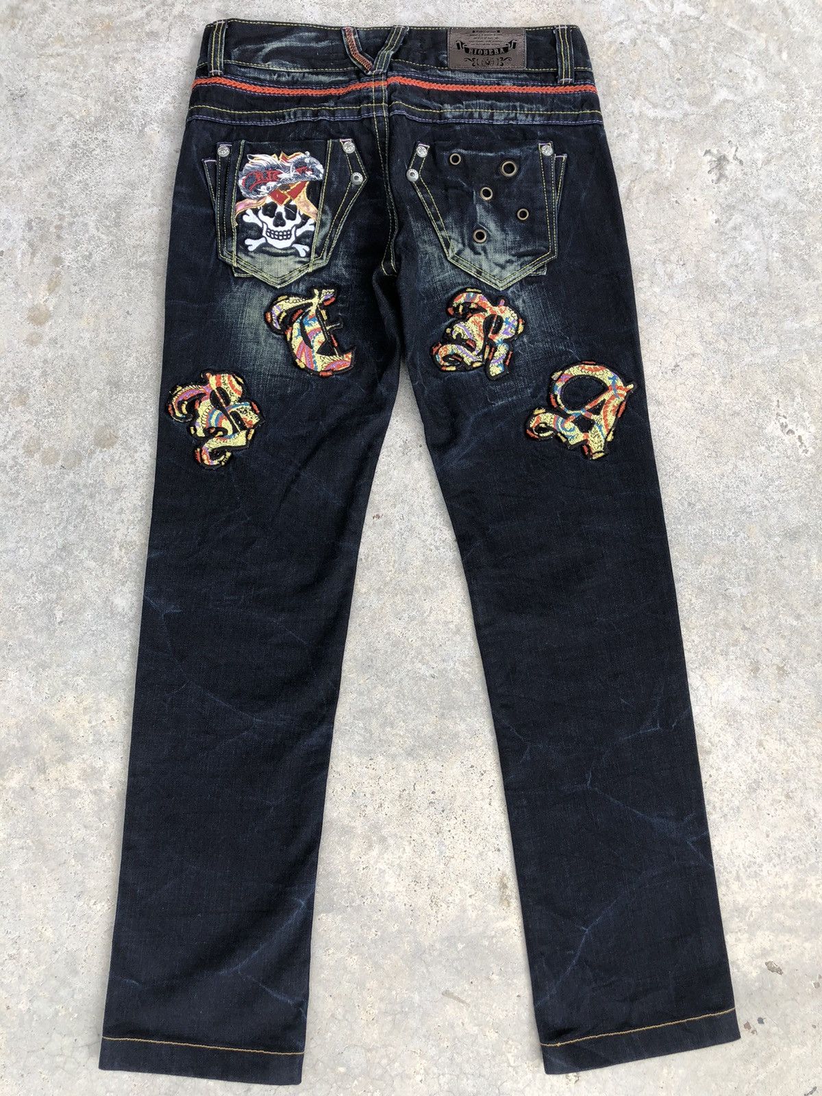 image of Japanese Riobera Embroidered Jeans Skulls Distressed in Dark Blue, Men's (Size 30)