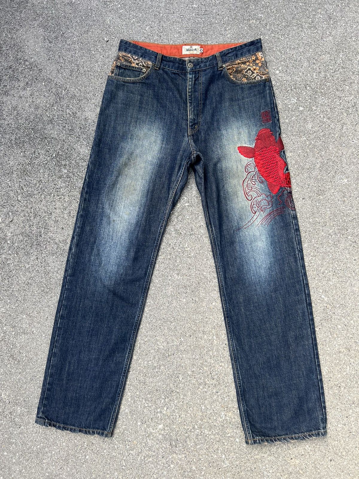 image of Karakuri Tamashi Japan Red Embroidery Koi Fish Dragon Jeans, Men's (Size 34)