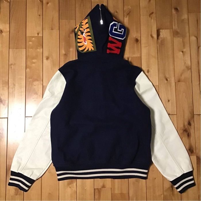 Bape BAPE sleeve leather shark hoodie varsity jacket navy ape