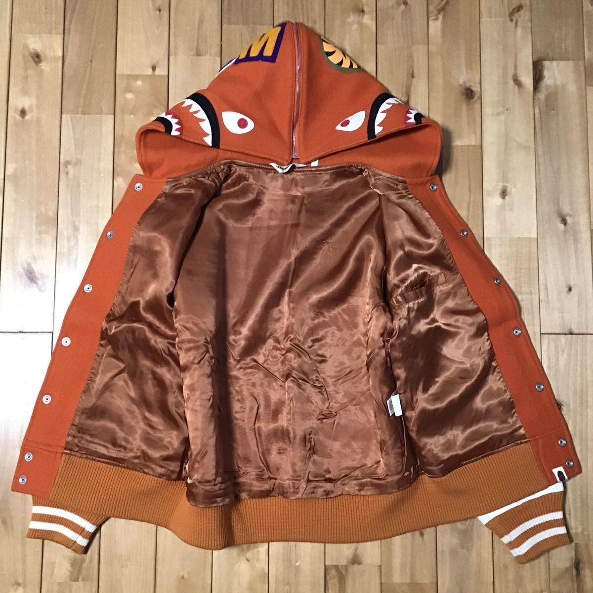 Bape BAPE sleeve leather shark hoodie varsity jacket orange ape Size US M / EU 48-50 / 2 - 7 Thumbnail