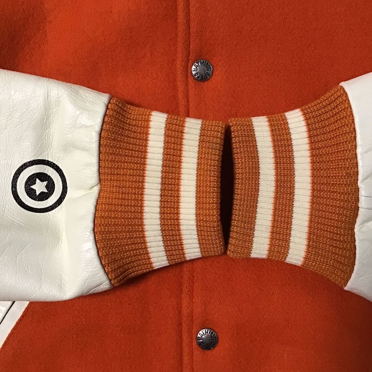 Bape BAPE sleeve leather shark hoodie varsity jacket orange ape Size US M / EU 48-50 / 2 - 6 Thumbnail
