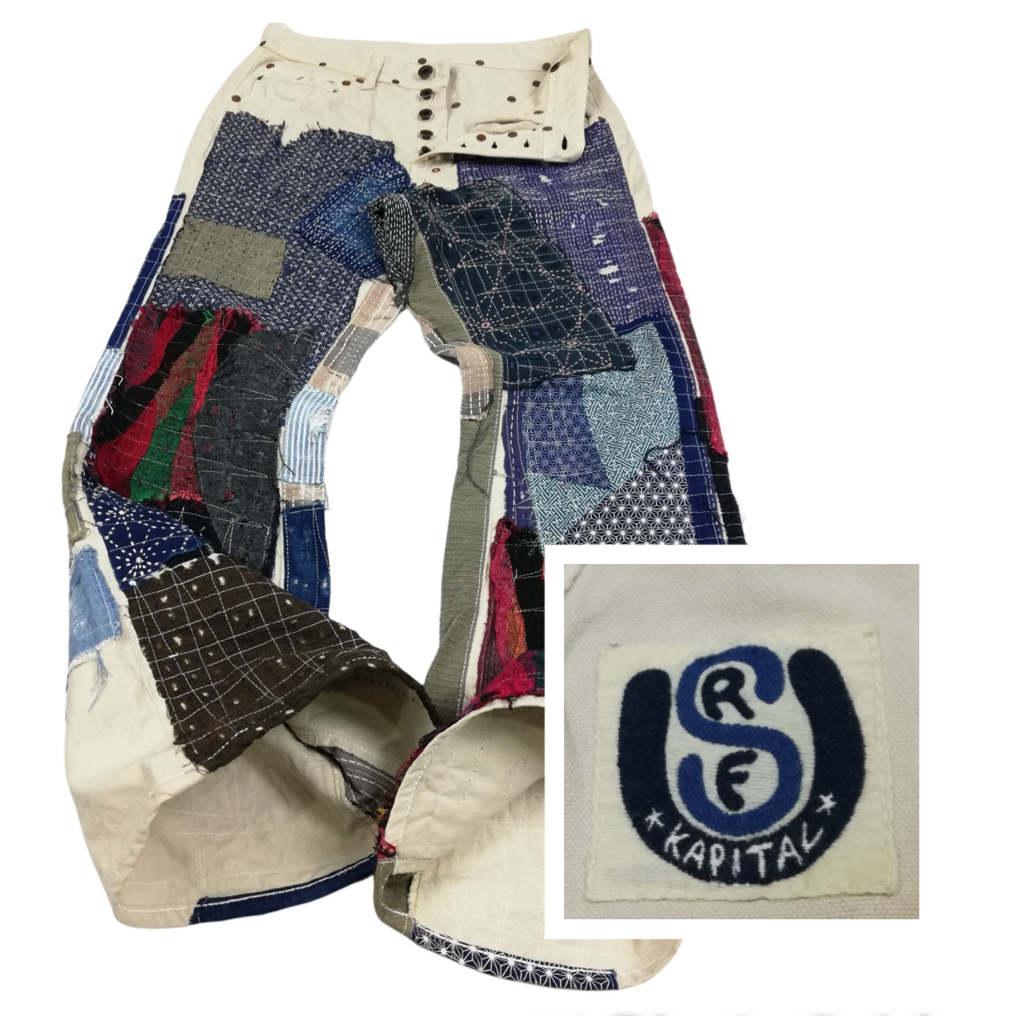 image of 1 Of 1 x Kapital Happy Patchwork Reconstruct Bootcut Boro Denim in White, Men's (Size 29)
