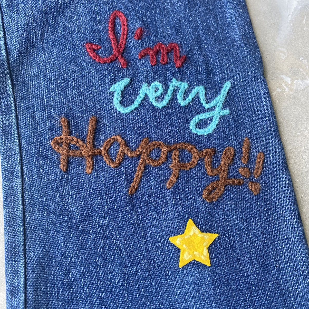 Angle blue bush pants embroidery patchwork smiley