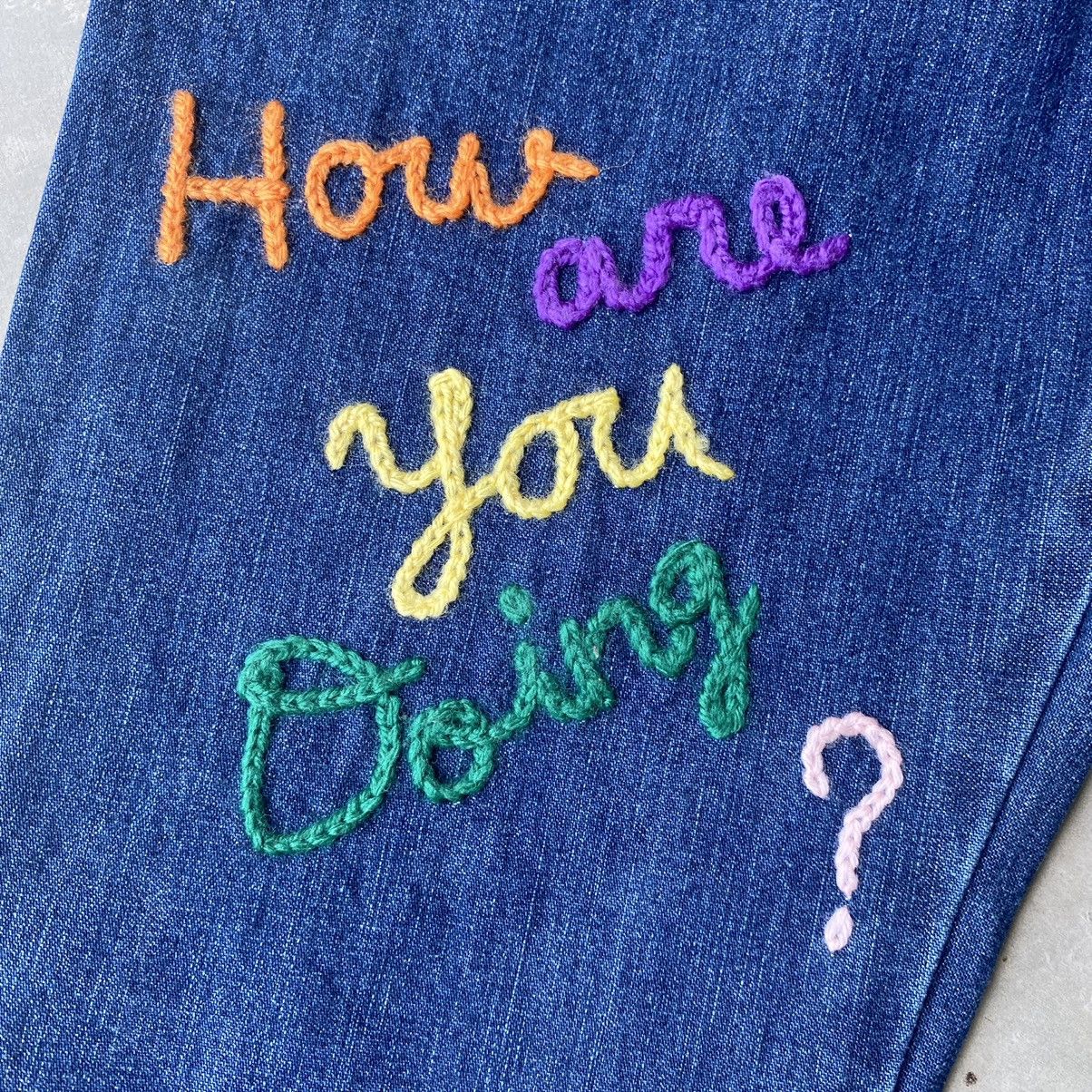 Angle blue bush pants embroidery patchwork smiley