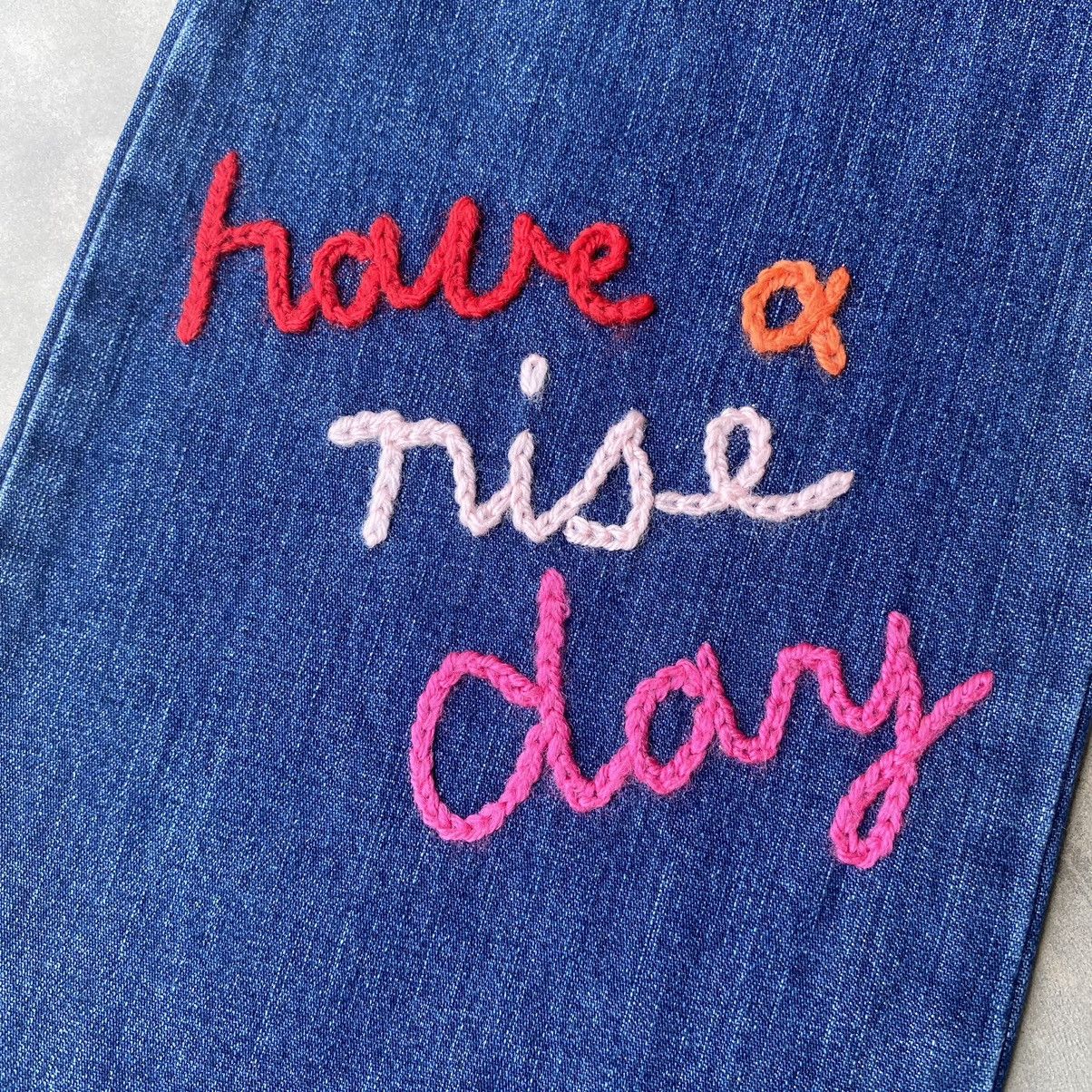 Angle blue bush pants embroidery patchwork smiley