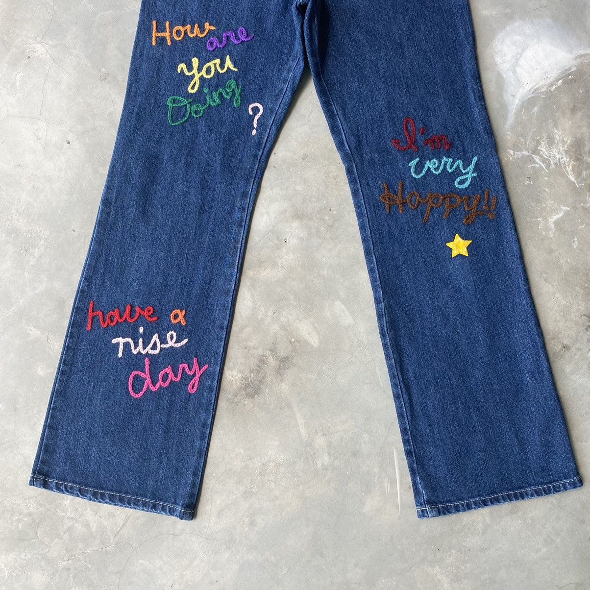 Angle blue bush pants embroidery patchwork smiley