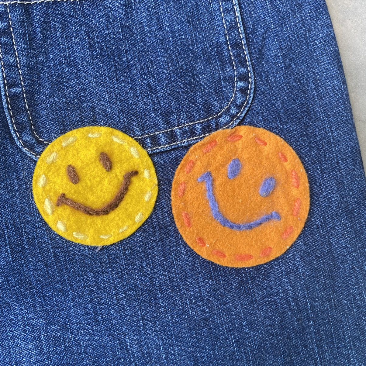 Angle blue bush pants embroidery patchwork smiley