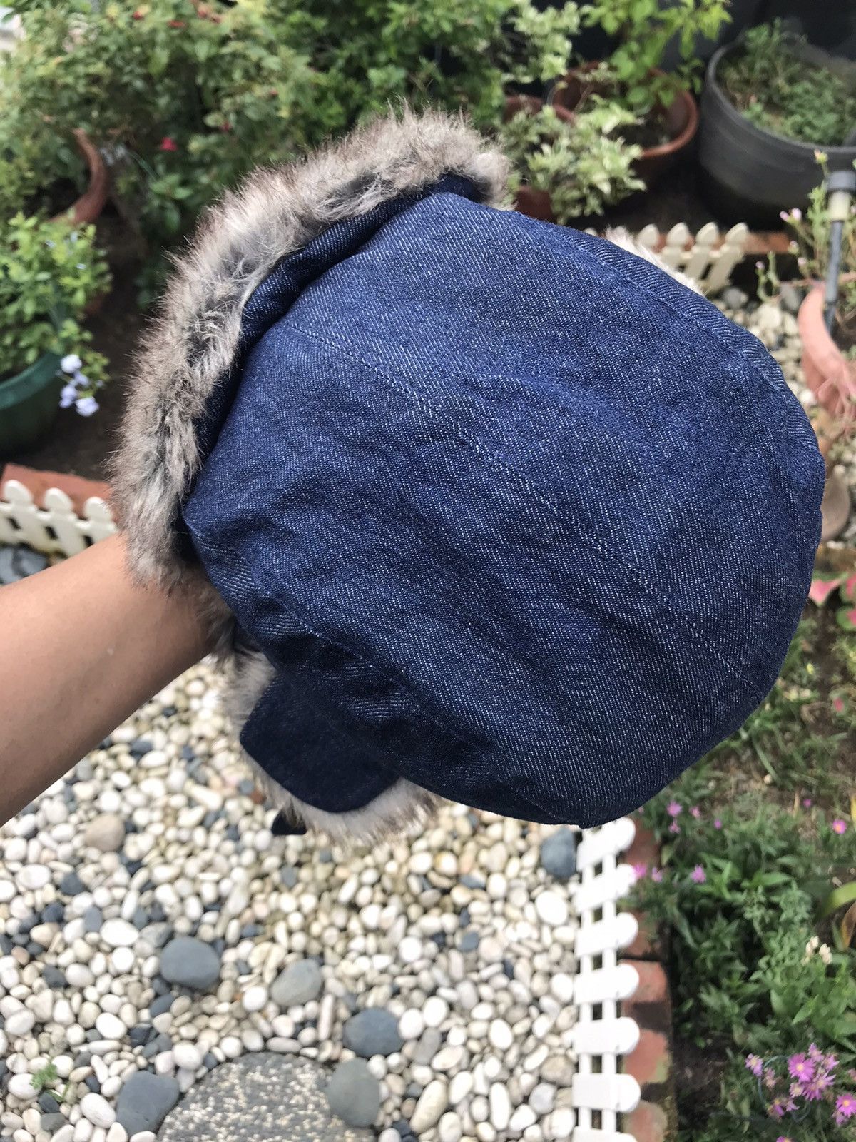 Japanese Brand DENIM FUR TRIM WINTER TRAPPER HAT WITH EAR WARMER FLAPS Size ONE SIZE - 5 Thumbnail