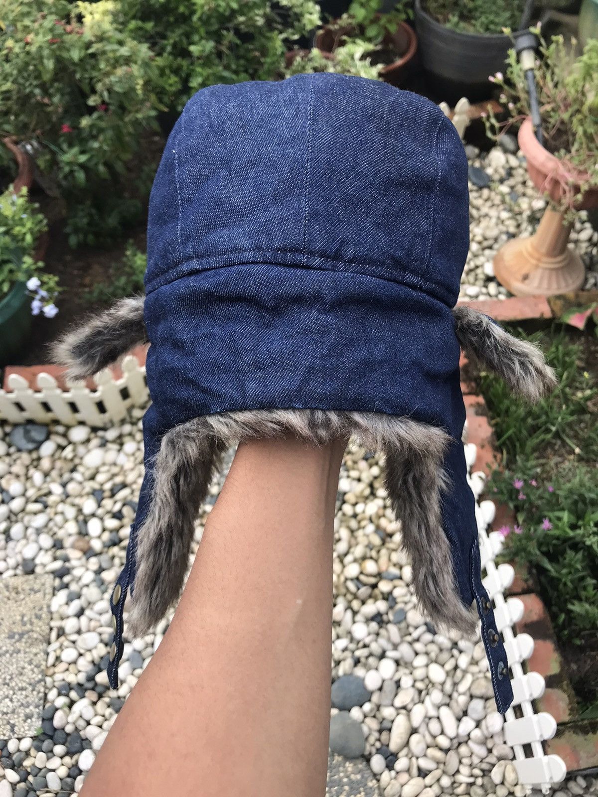 Japanese Brand DENIM FUR TRIM WINTER TRAPPER HAT WITH EAR WARMER FLAPS Size ONE SIZE - 4 Thumbnail