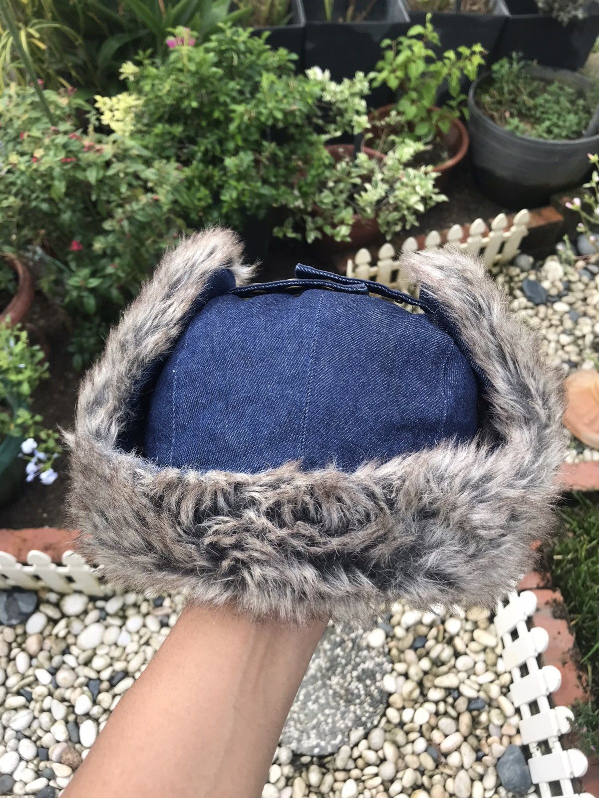 Japanese Brand DENIM FUR TRIM WINTER TRAPPER HAT WITH EAR WARMER FLAPS Size ONE SIZE - 10 Thumbnail