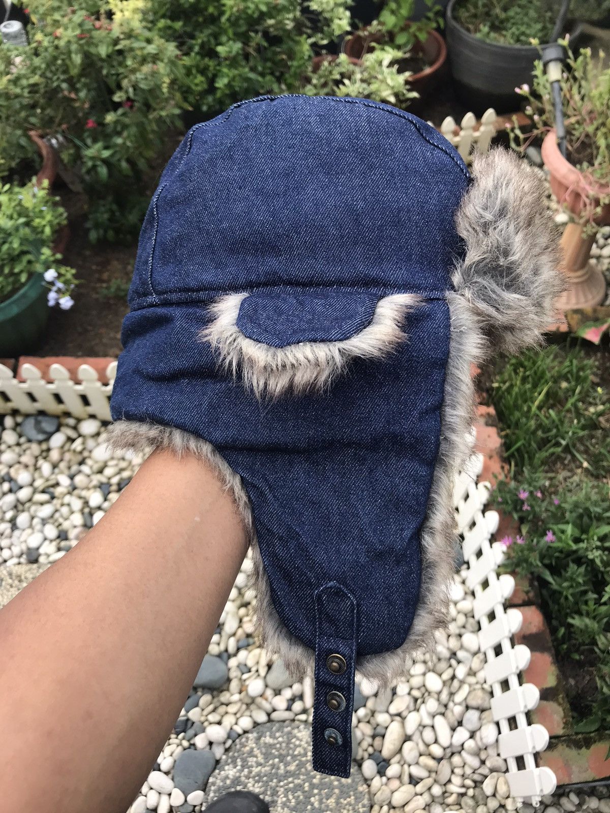 Japanese Brand DENIM FUR TRIM WINTER TRAPPER HAT WITH EAR WARMER FLAPS Size ONE SIZE - 3 Thumbnail