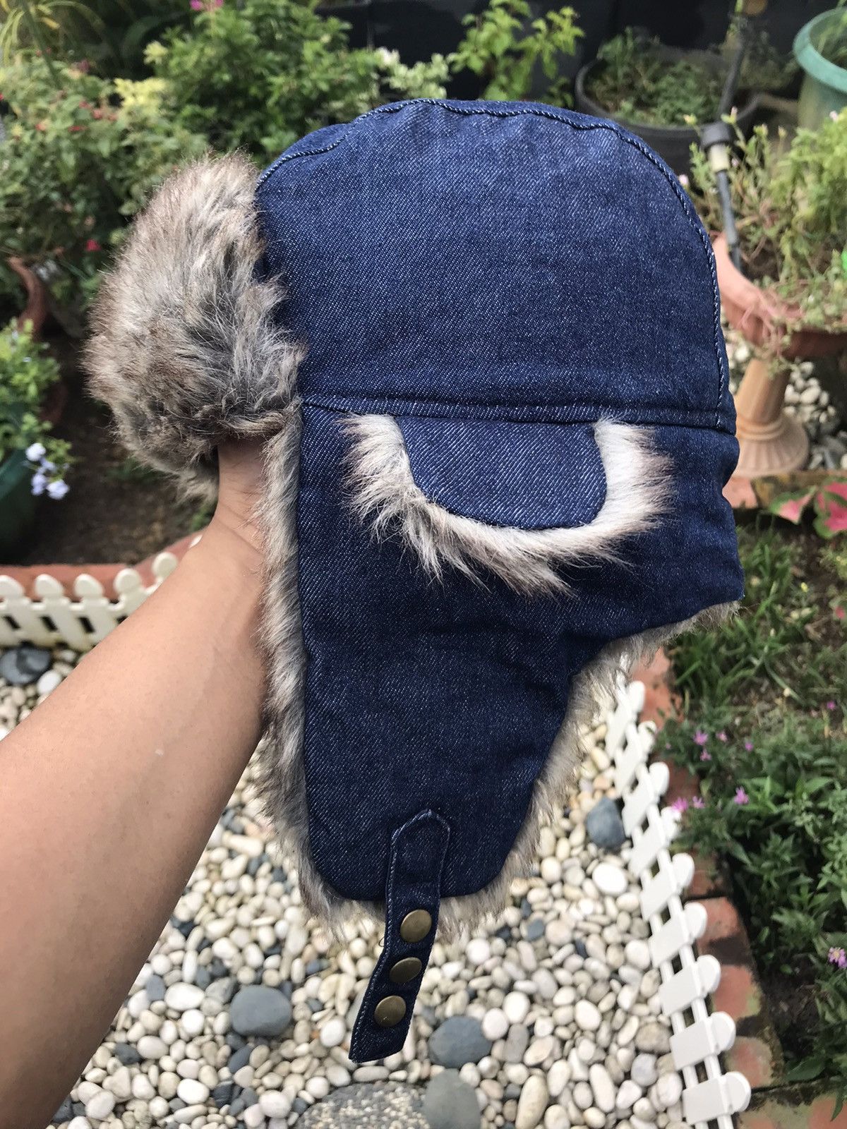 DENIM FUR TRIM WINTER TRAPPER HAT WITH EAR WARMER FLAPS