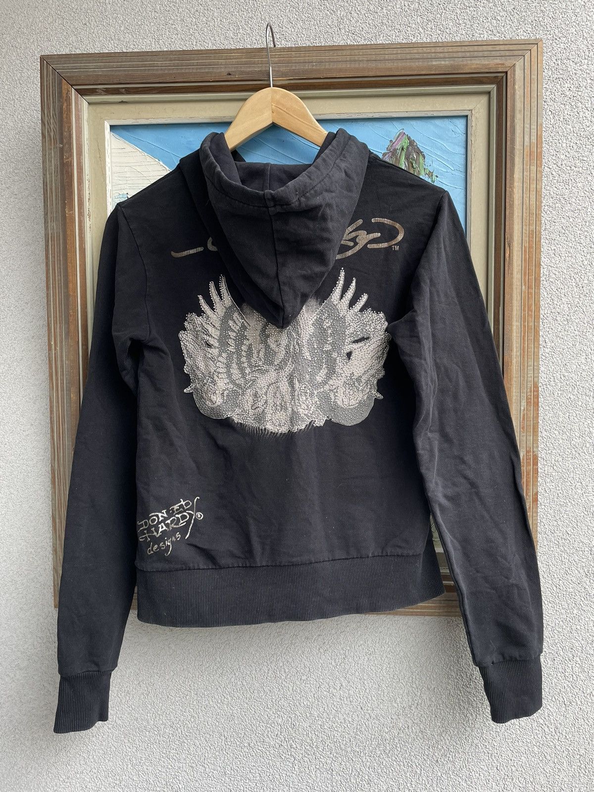 image of Vintage Y2K Hype Ed Hardy Christian Audigier Zip Hoodie in Black, Women's (Size Medium)