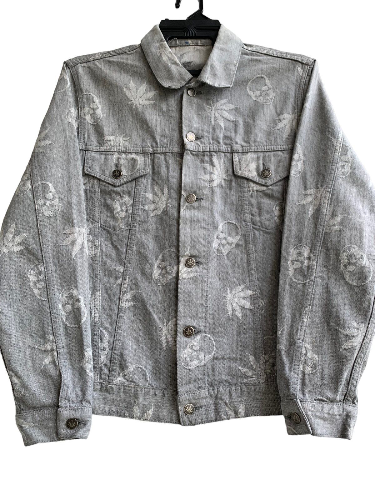 image of Helmut Lang VTG Lucian Pellat Finet Trucker Skull Marijuana Leaves in Grey, Men's (Size Small)