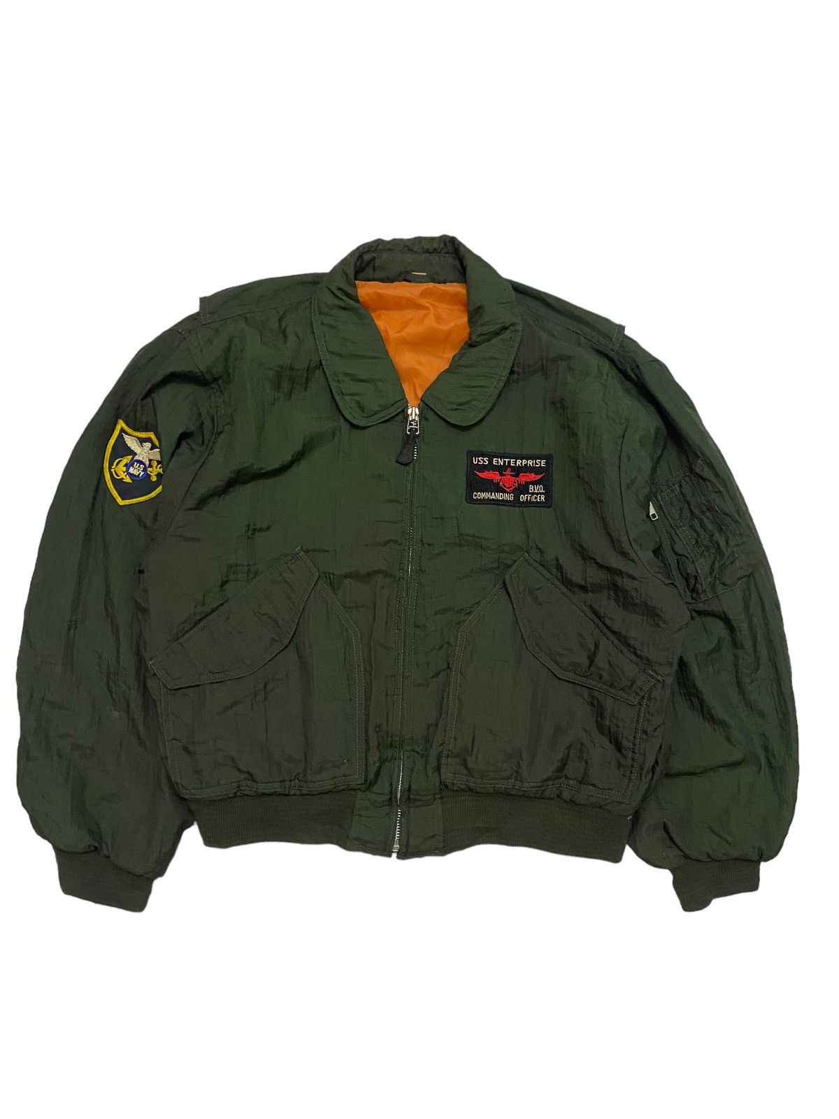 image of Military x USN Vintage Us Navy Officer Bomber Jacket in Green, Men's (Size Medium)