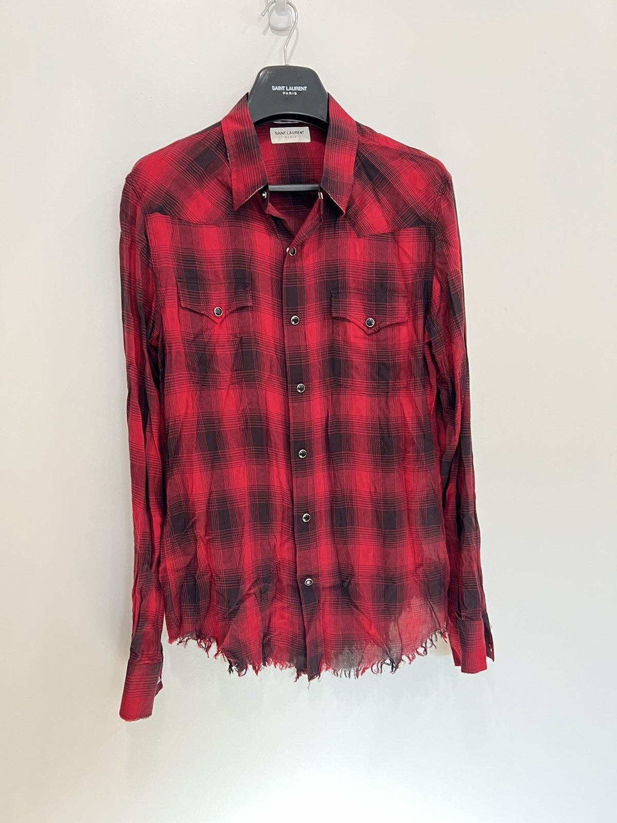 image of Saint Laurent Paris Surf Sound Raw Hem Viscoe Flannel in Red, Men's (Size XL)