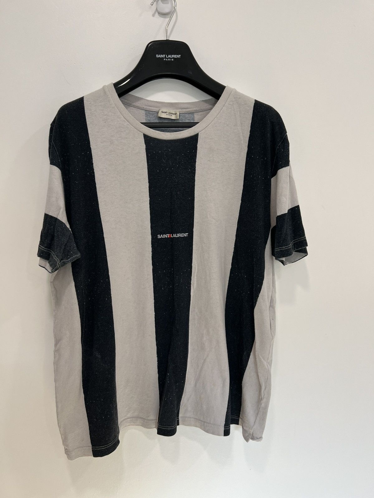 image of Saint Laurent Paris Striped Logo T in White, Men's (Size XL)
