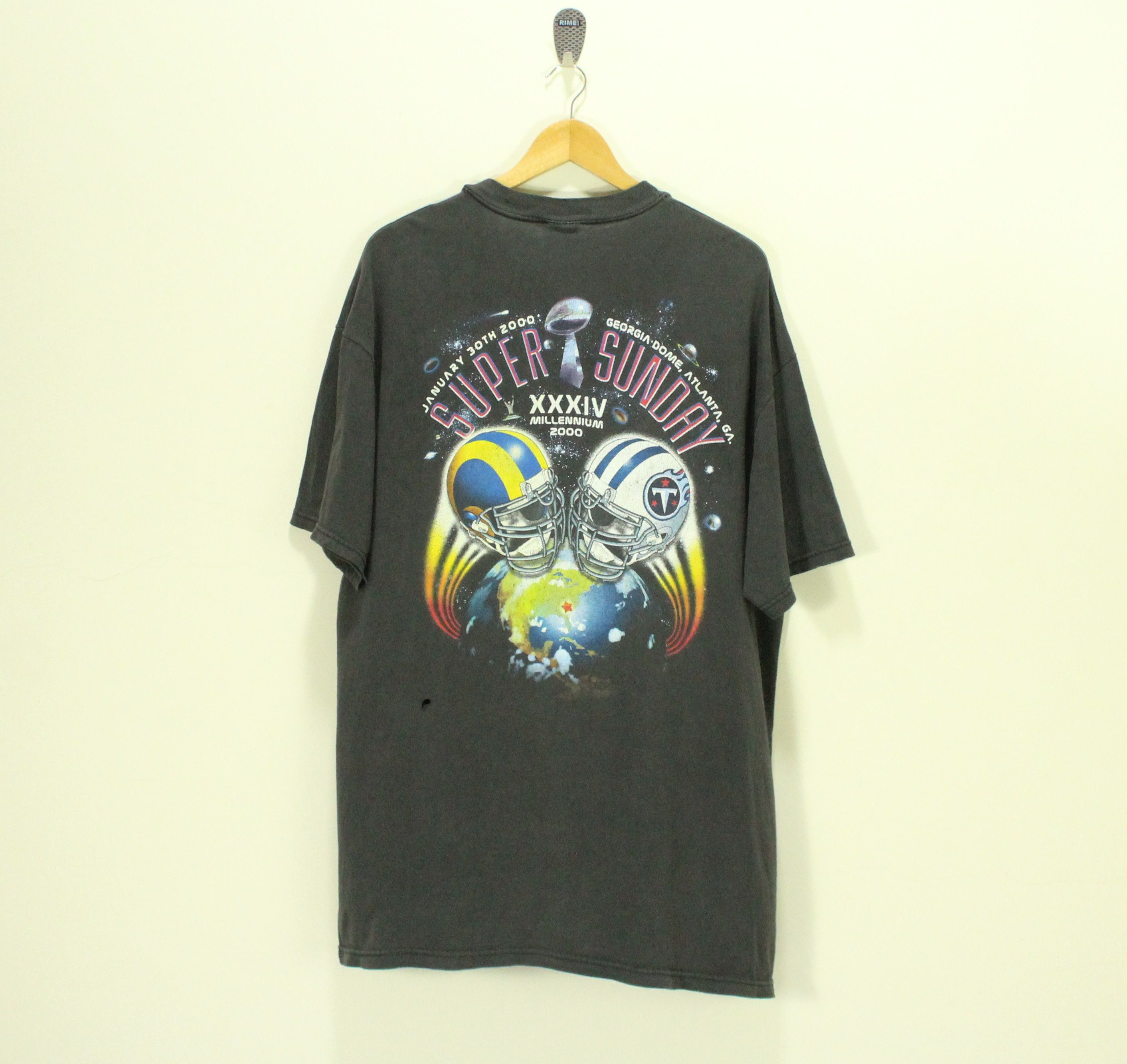 NFL × Vintage Faded Black Distressed Vintage SUPER SUNDAY T Shirt Size US XL / EU 56 / 4 - 1 Thumbnail