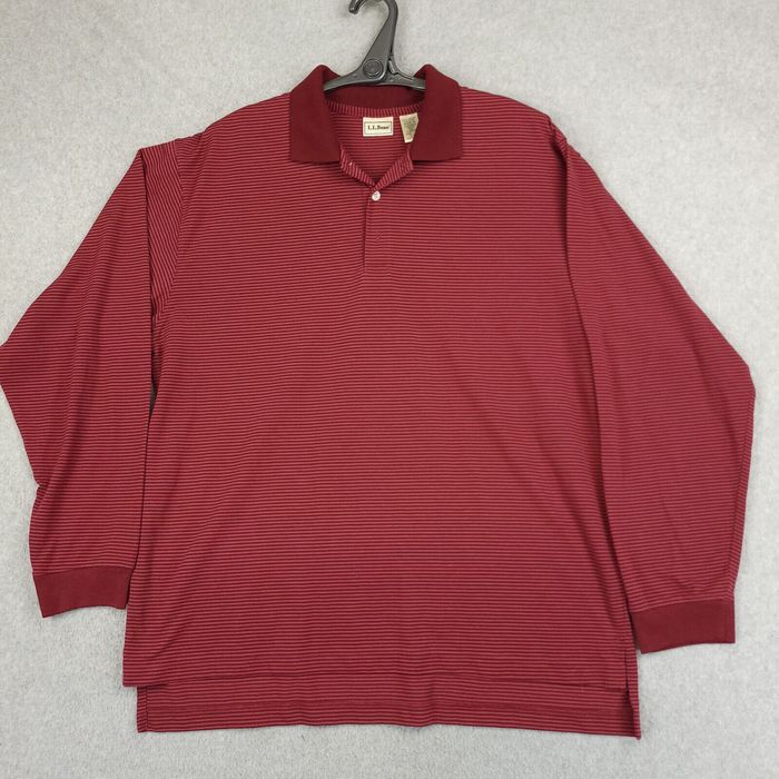 Vintage Vintage LL Bean Polo Shirt Mens Large Red Striped Long Sleeve