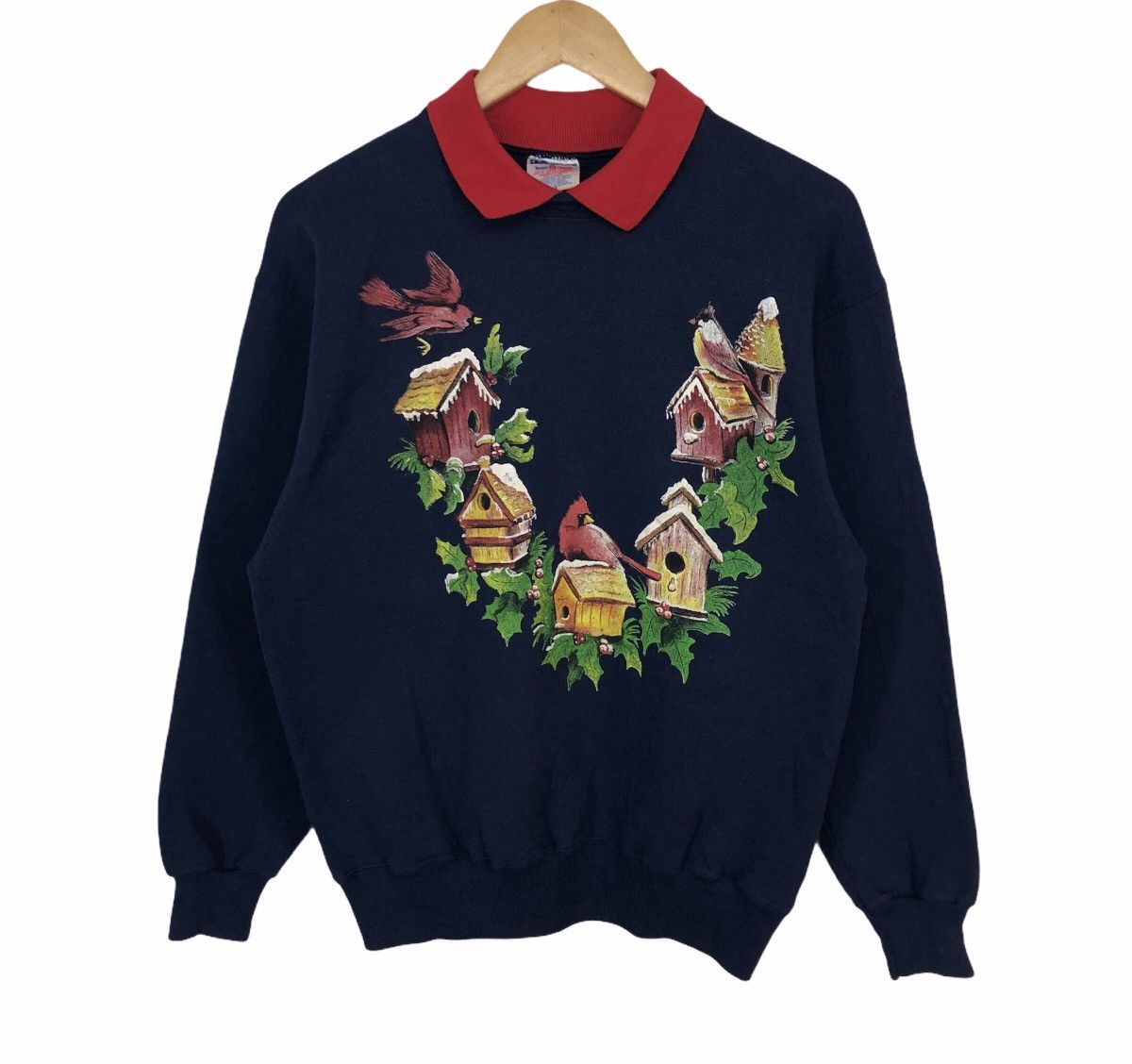 image of Vintage Christmas Home Bird Double Neck Sweatshirt in Blue Black, Men's (Size Medium)