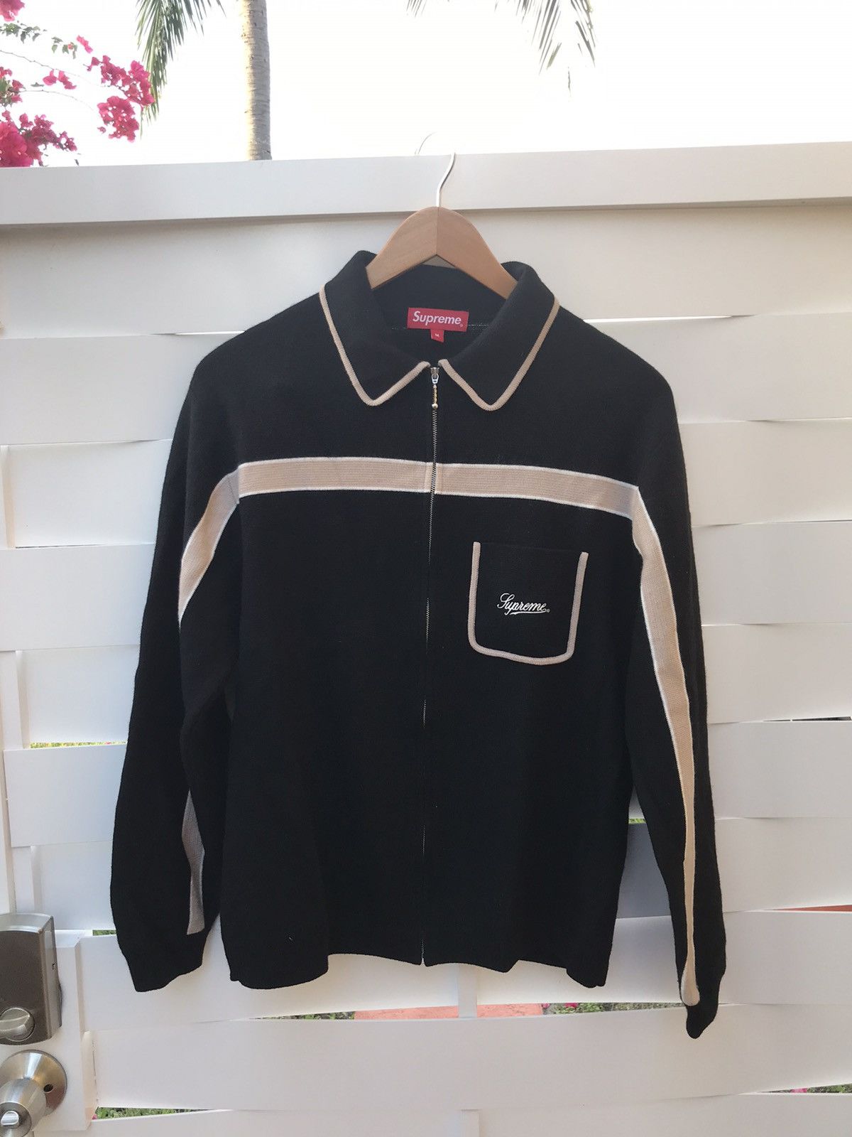 image of Supreme Chest Stripe Zip Up Cardigan in Black, Men's (Size Medium)