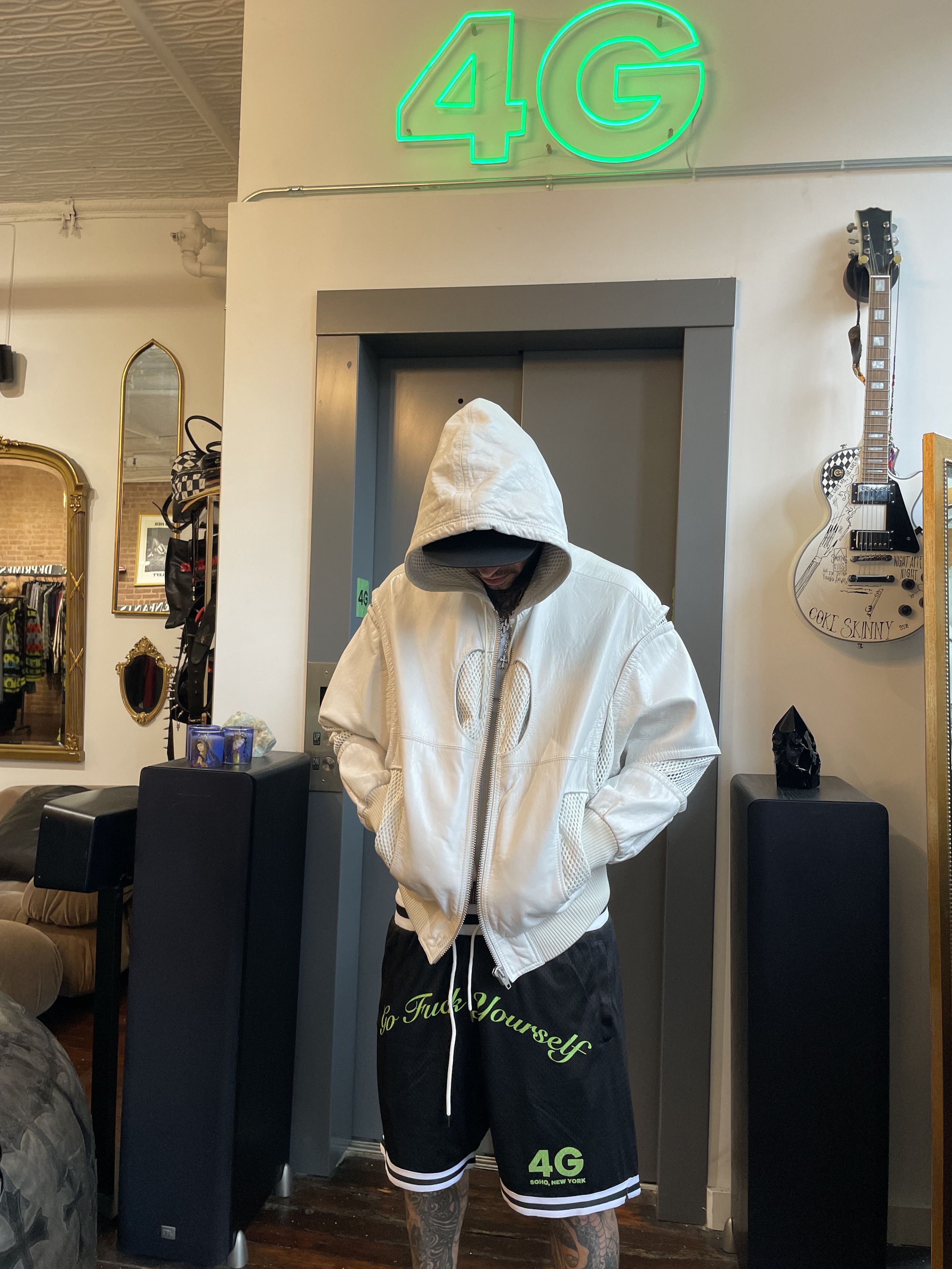 image of Celine White Leather Mesh Bomber Jacket W Hood 4Gseller, Men's (Size Medium)