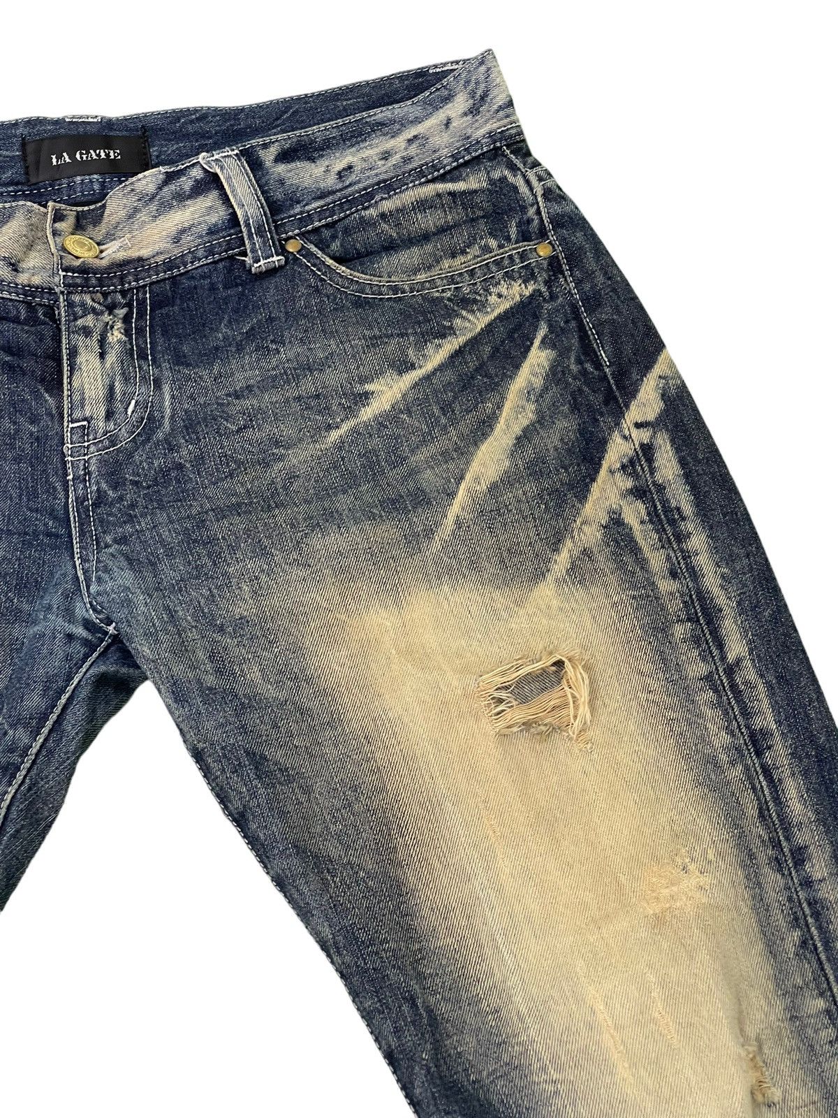 Japanese Brand Flare Jeans La Gate Distress Acid Wash Boot Cut 5🟦5 Size US 33 - 9 Thumbnail