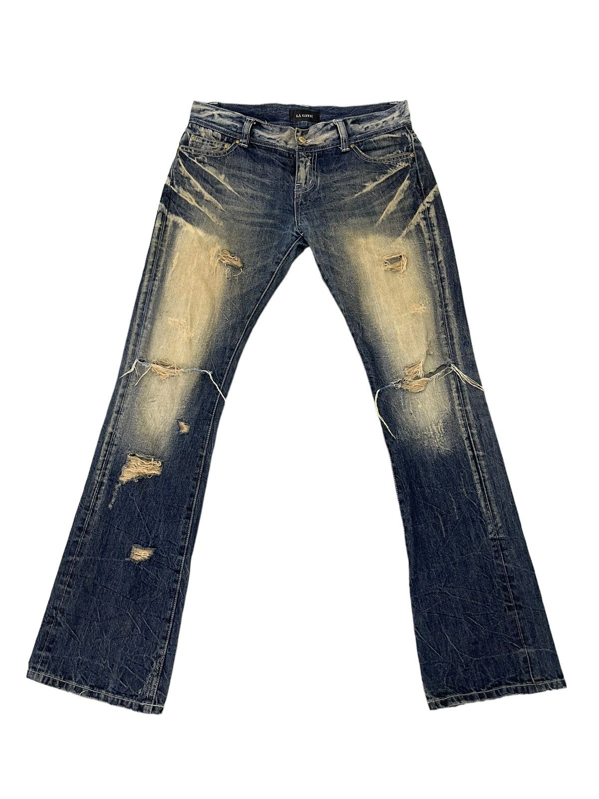 Japanese Brand Flare Jeans La Gate Distress Acid Wash Boot Cut 5🟦5 Size US 33 - 2 Thumbnail