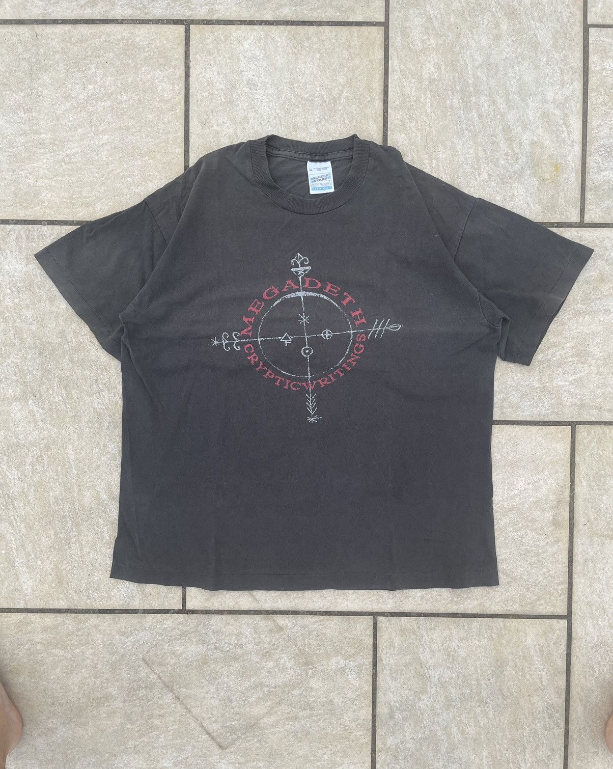 image of 90’S Faded Megadeth Cryptic Writings T-Shirt Single Stitch in Black, Men's (Size XL)