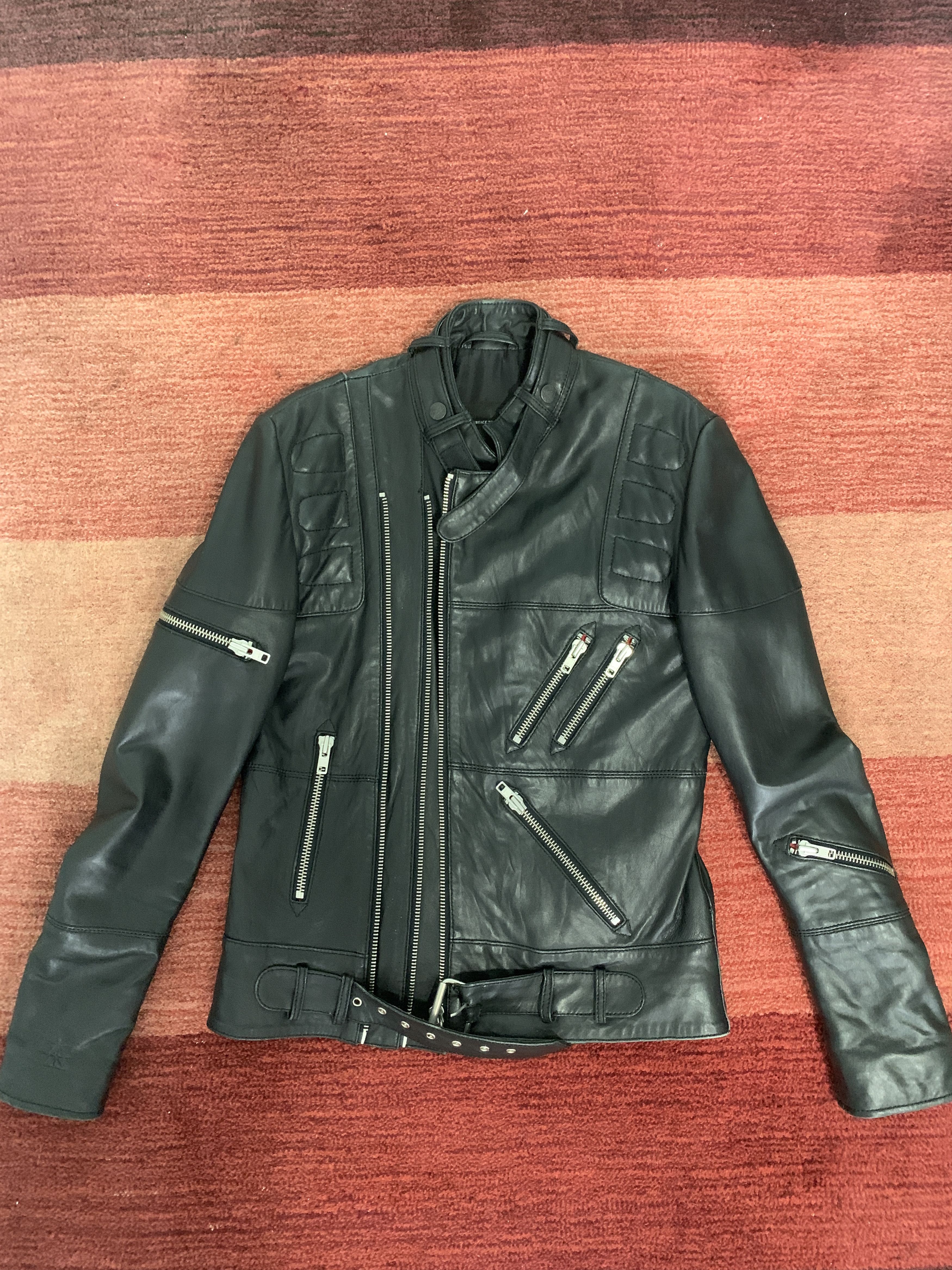 image of Surface To Air Leather Biker Jacket Red Accents in Black, Men's (Size Small)