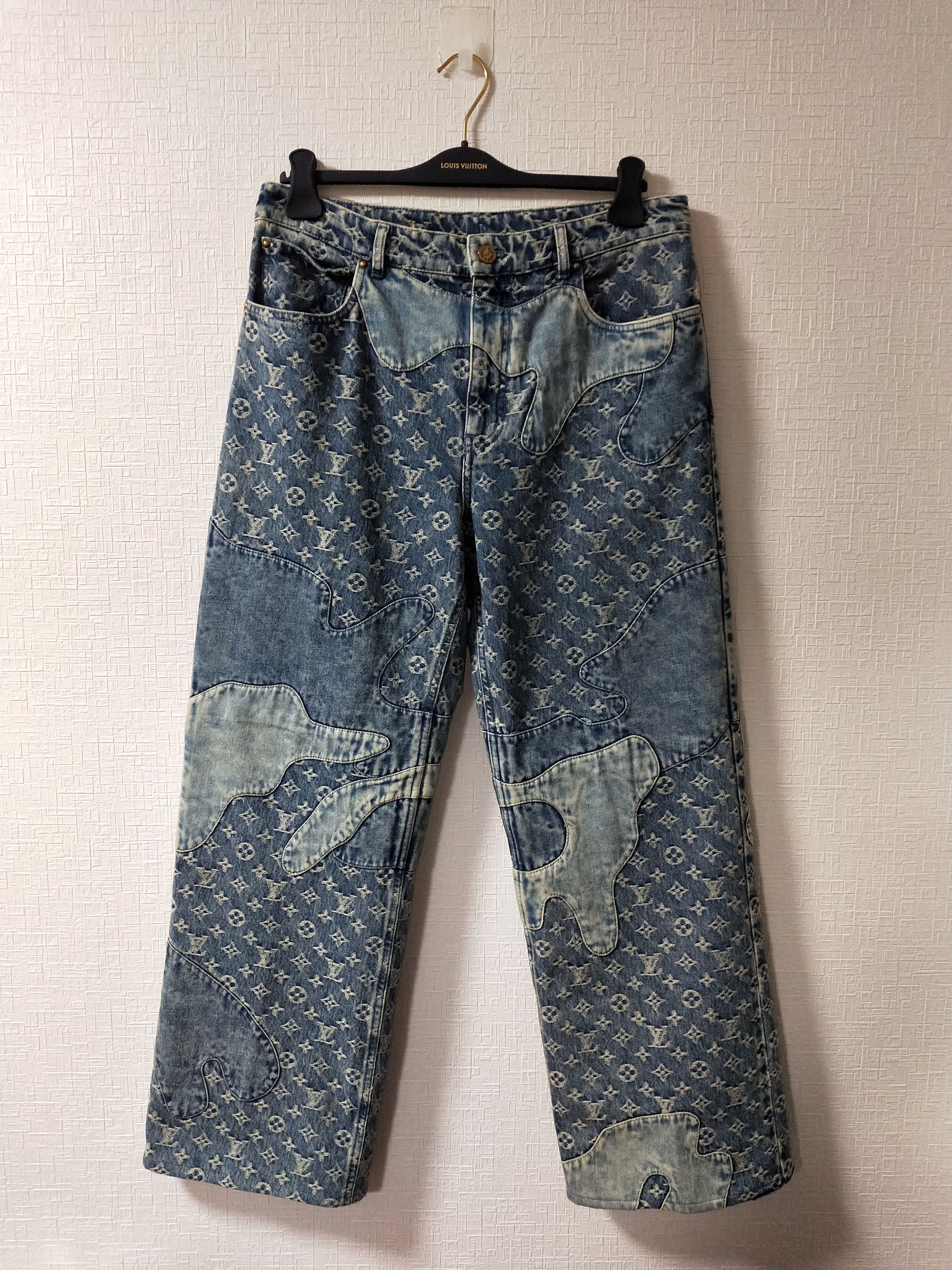 image of Louis Vuitton Monogram Patchwork Denim Jeans in Indigo, Men's (Size 32)