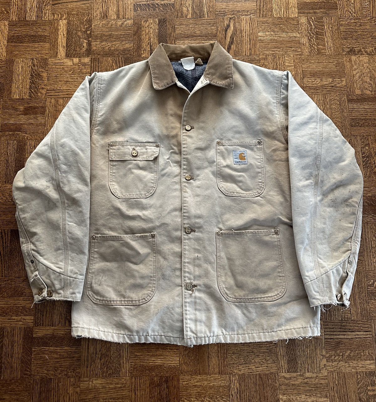 image of 1989 Carhartt 100 Year Anniversary Tan Chore Coat Jacket in Khaki, Men's (Size Large)