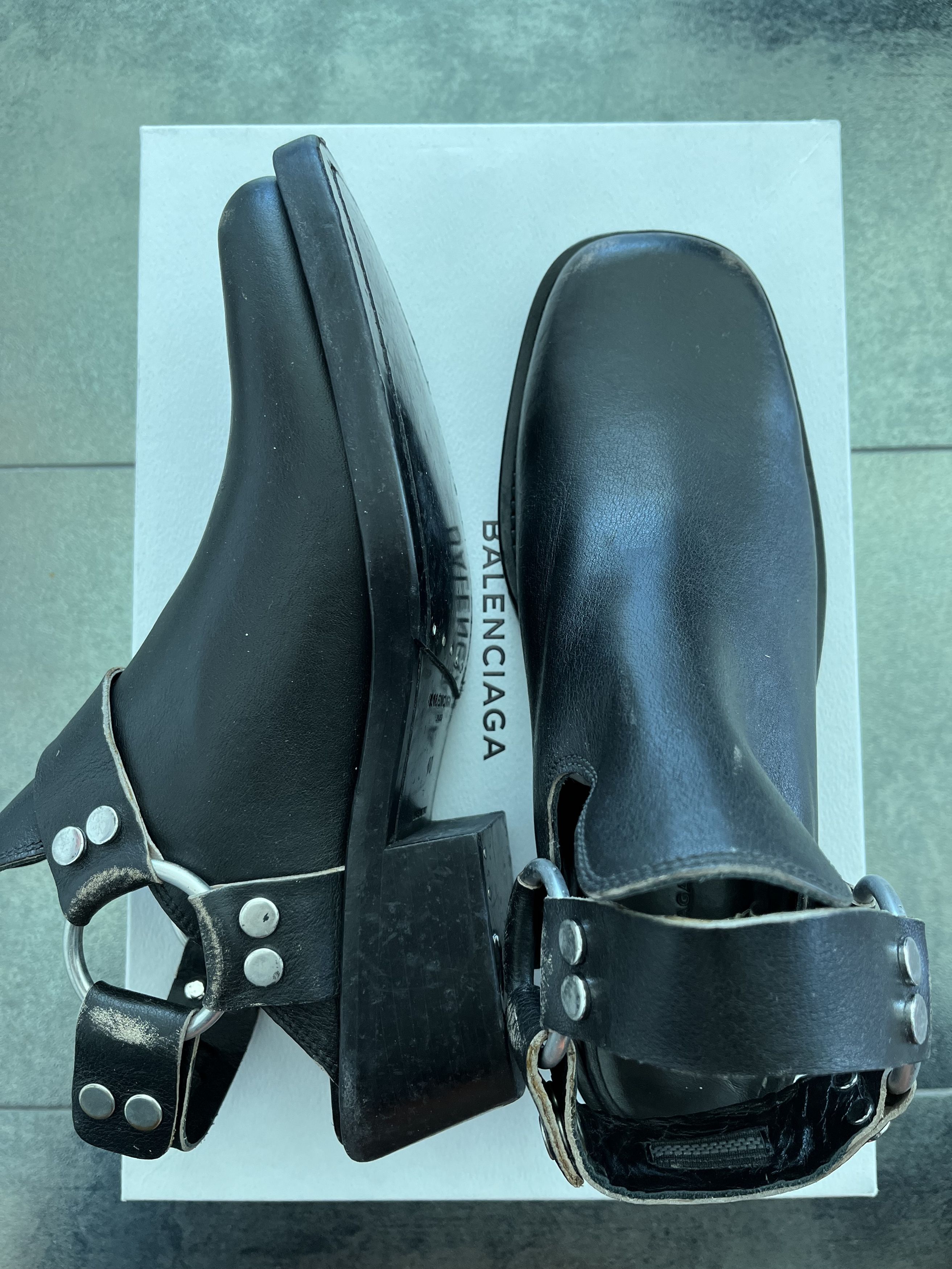 Balenciaga Black Distressed Leather Harness-strap Mules