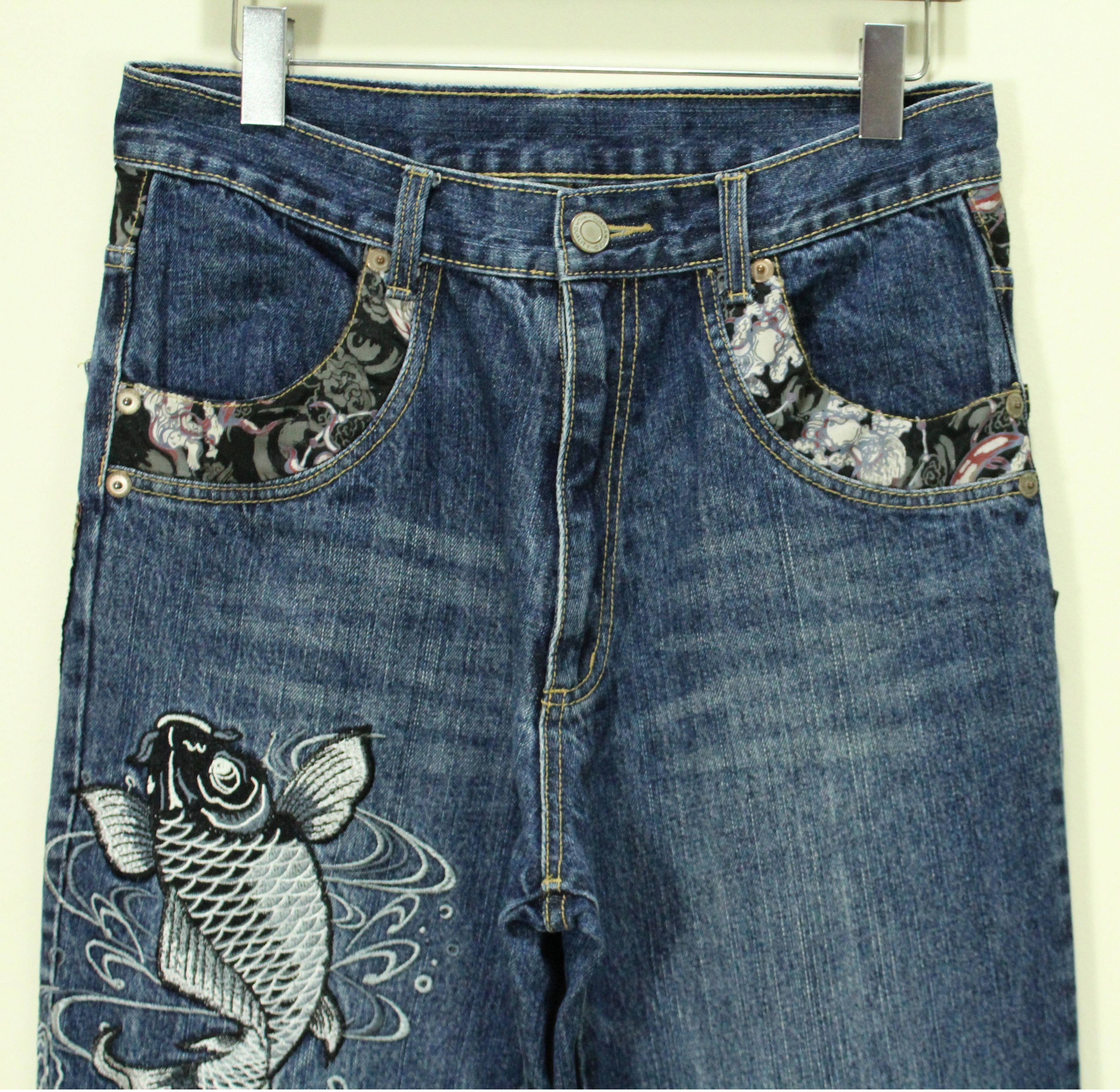 Vintage Embroidered Denim Koi fish Sukajan Dragon Size US 32 / EU 48 - 3 Thumbnail