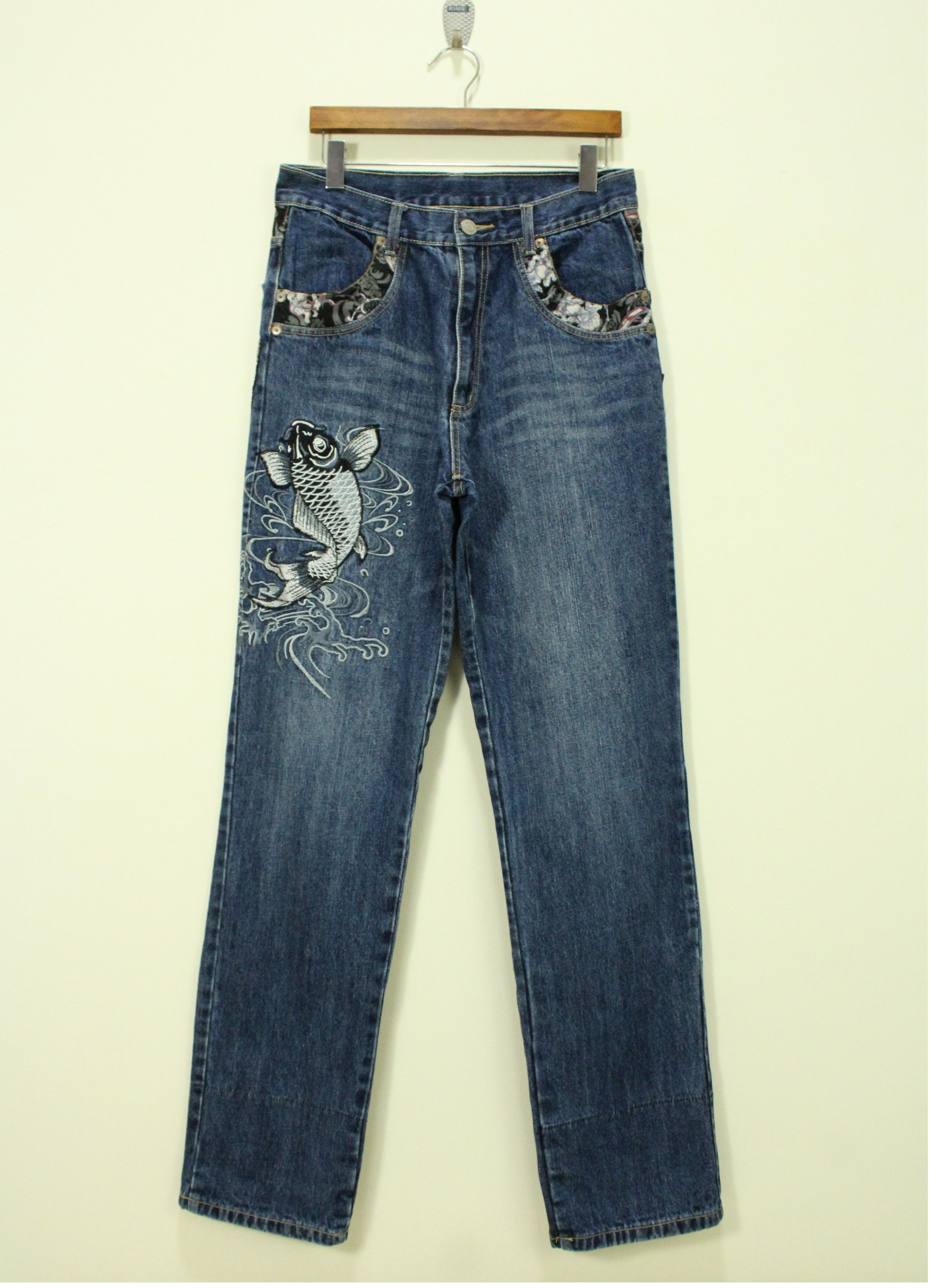 image of Avant Garde Koi Fish Denim Emroidered Japanese Art in Blue, Men's (Size 32)