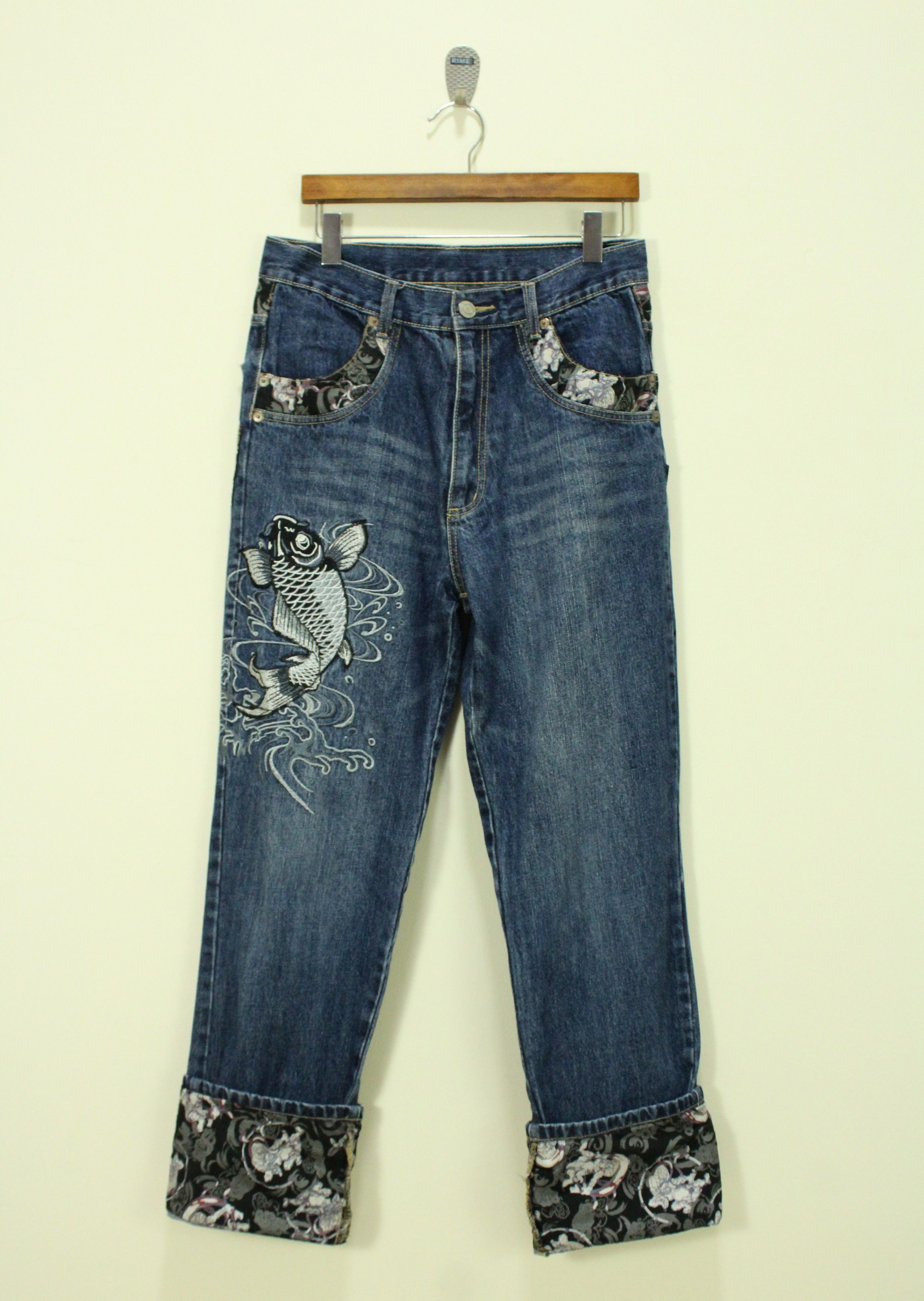 Vintage Embroidered Denim Koi fish Sukajan Dragon Size US 32 / EU 48 - 1 Thumbnail