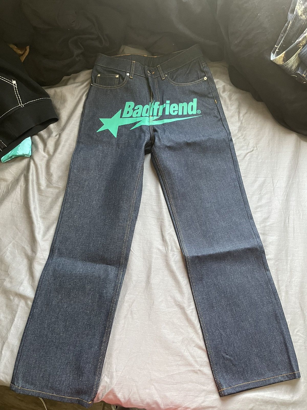 image of Badfriend Green Logo Denim in Indigo/Green, Men's (Size 30)