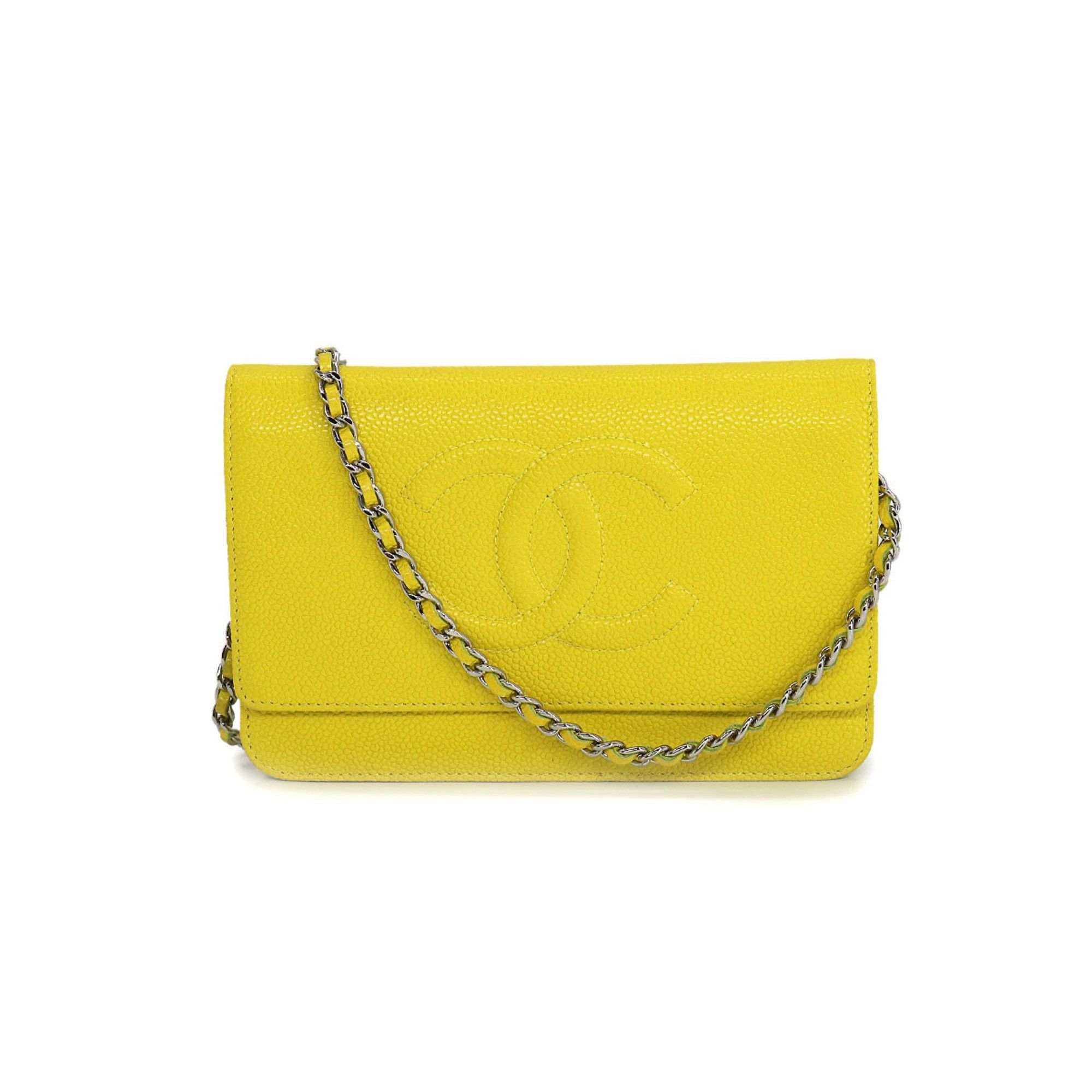 Chanel Chanel Caviar Skin Chain Wallet Long Leather Yellow A48654